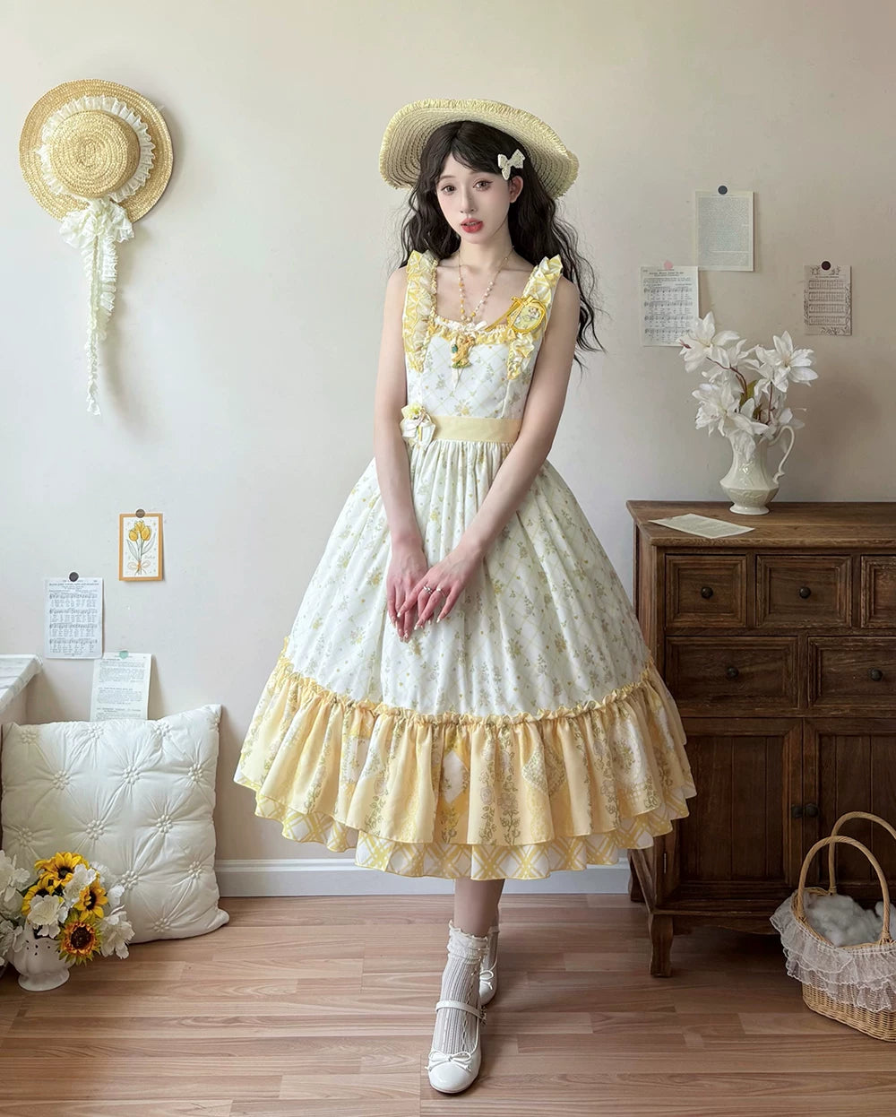 Patchwork Garden 2.0 - Classic Lolita Floral Print JSK Dress, Side Pockets