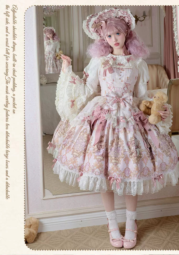 Antique Teddy Bear - Classic Lolita Printed JSK Dress with Ribbon Bows 45538:853248