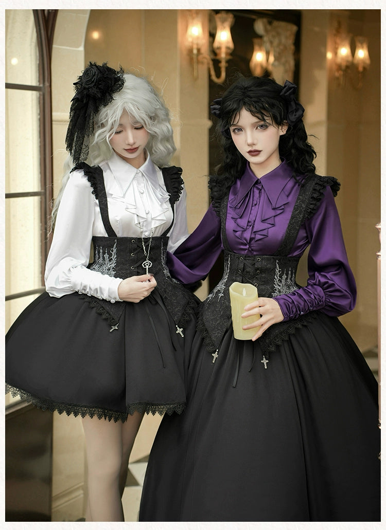 With PUJI~Thorn Night~Gothic Lolita Satin Shirt Solid Color Fake Two-Piece Blouse