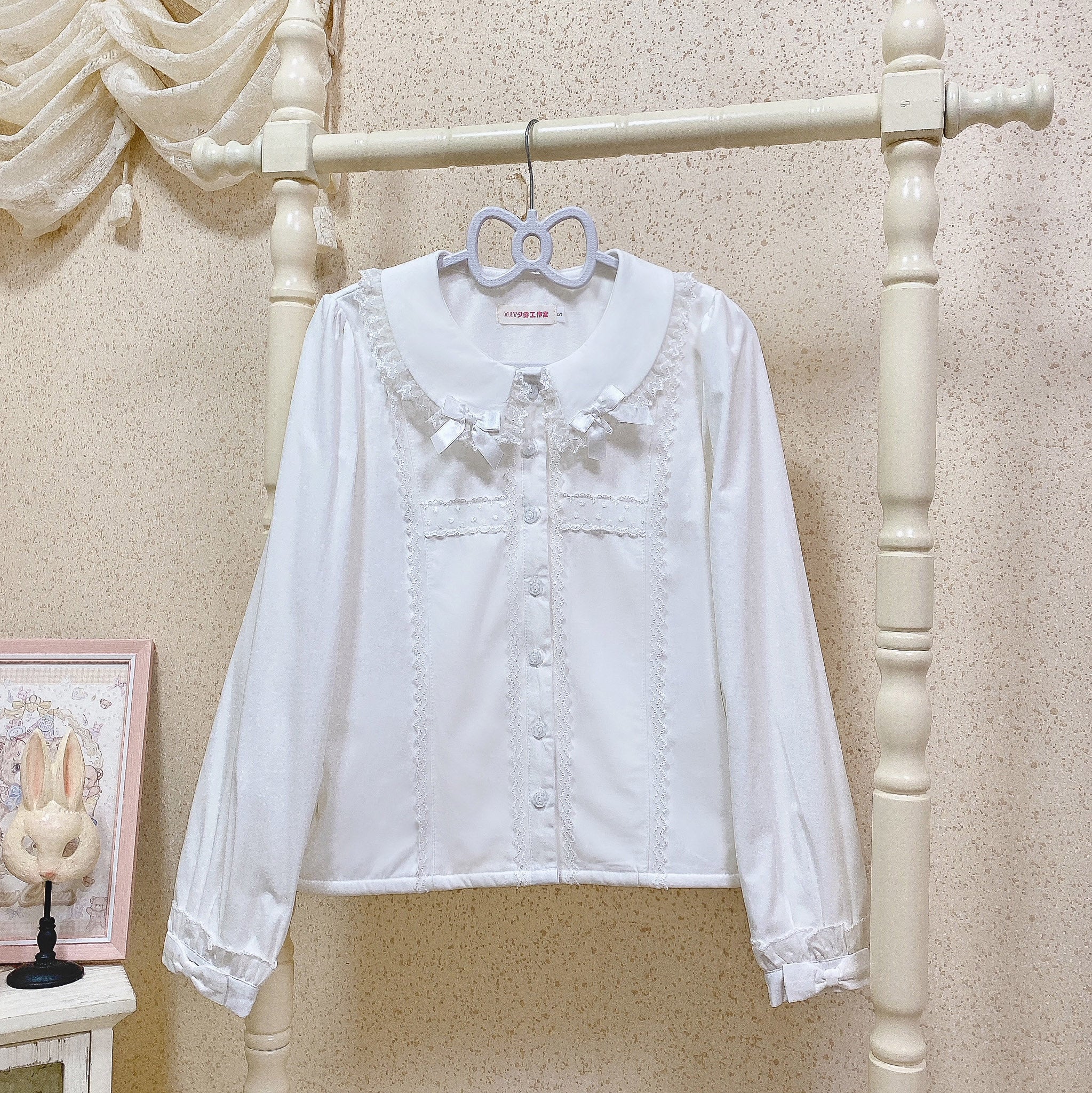 MIST - Grace Deer - Sweet Lolita Blouse with Peter Pan Collar and Long Sleeves White - Thin Version S