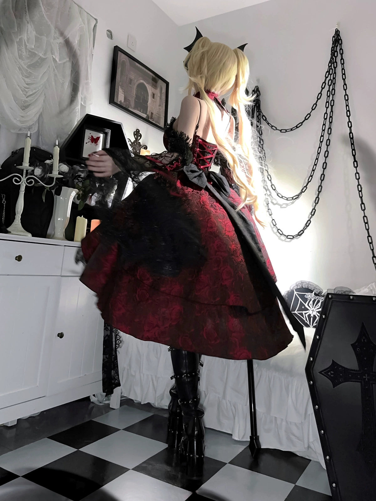 Cornfield Lolita - Rose Blood - Black Red Gothic Lolita JSK Jacquard Court Dress