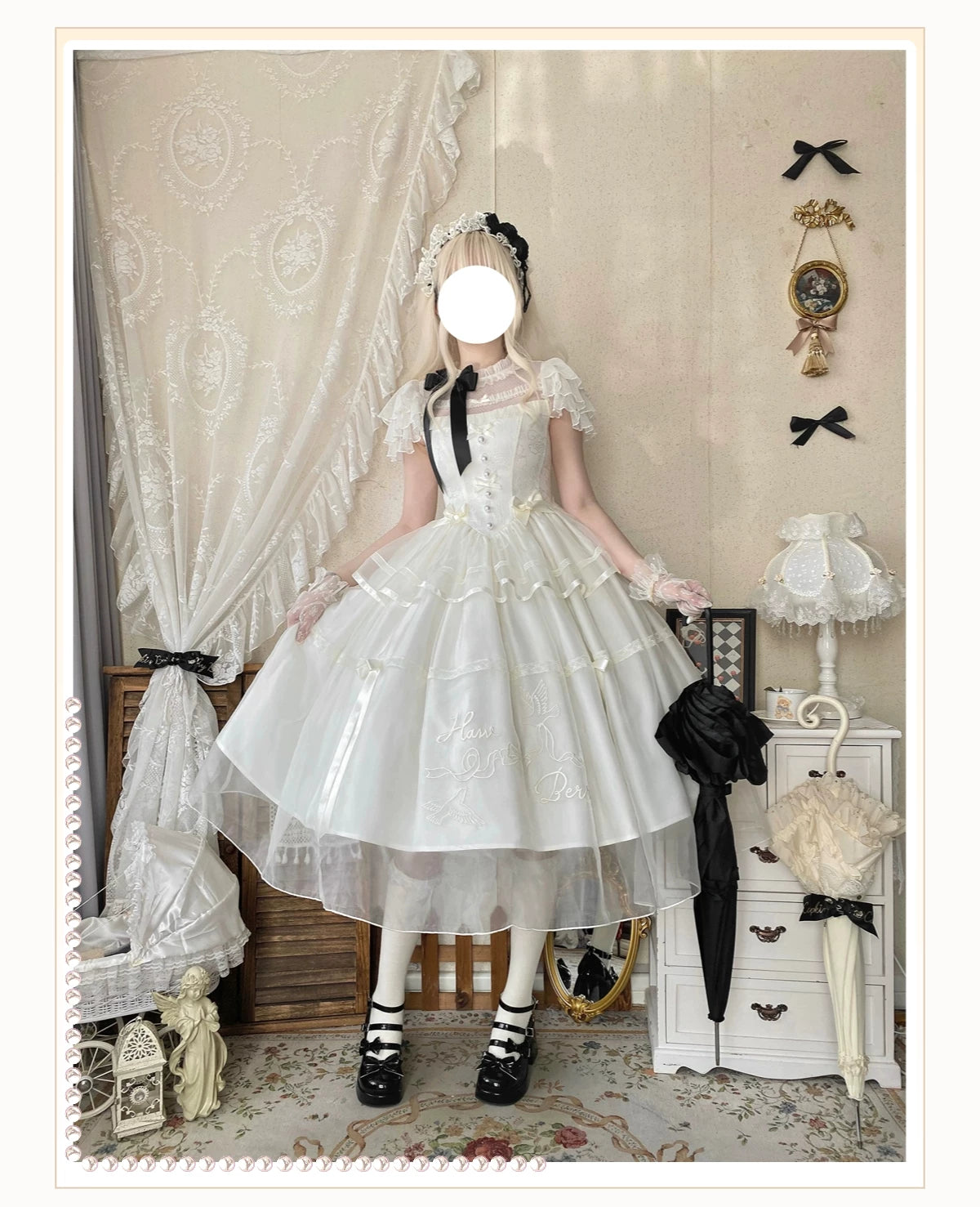 White Bird Love Letter - Classic Lolita Jacquard OP Dress, Embroidered Tulle Hem