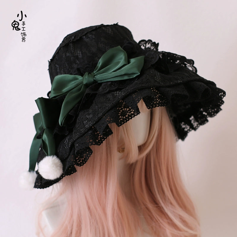 Xiaogui - Retro Lolita Hat Lace Handmade Doll Hat with Multicolor Bows One Size black hat with dark green bow