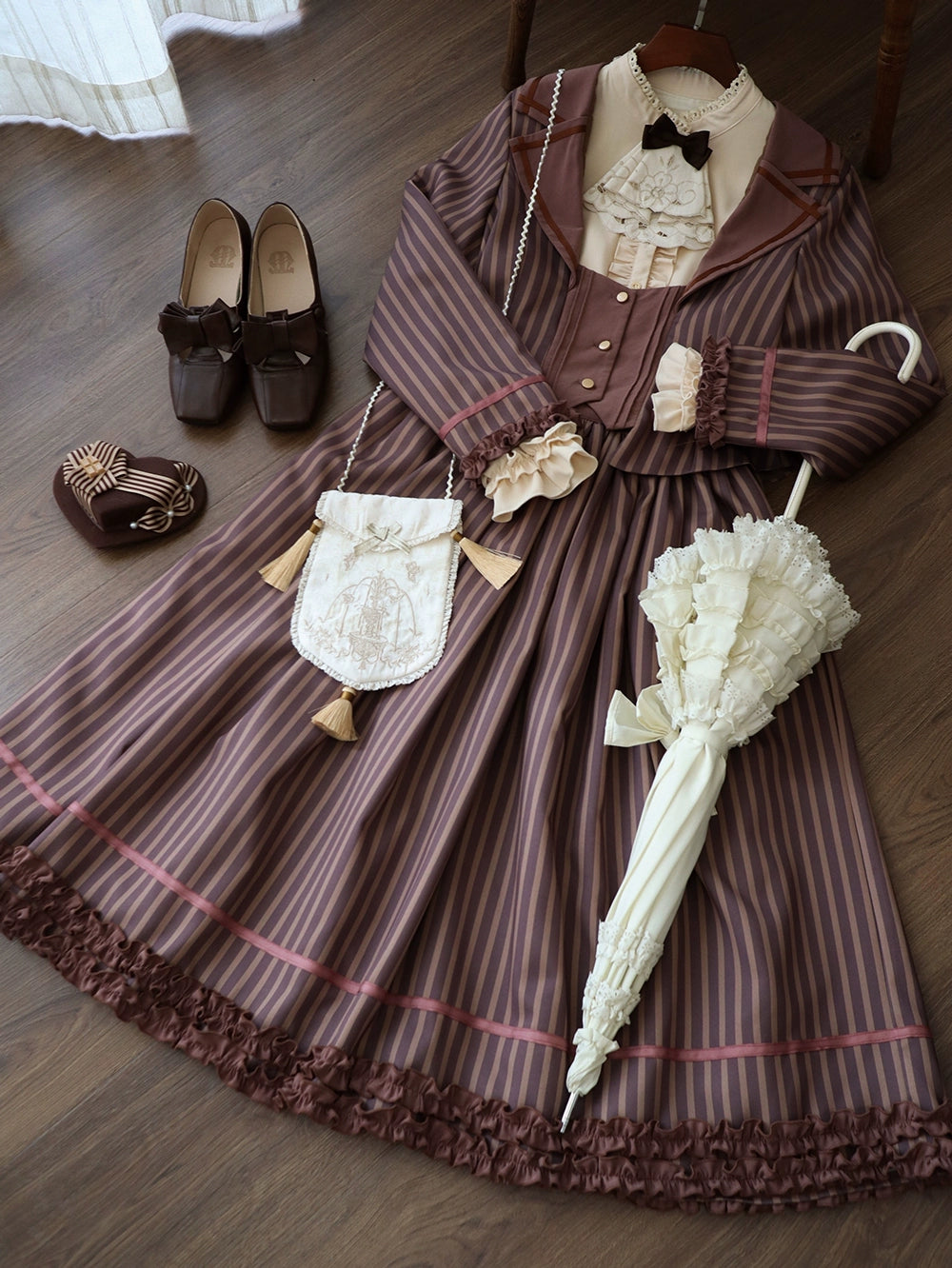 Miss Point - Classical Chocolate - Classic Lolita Skirt Elegant Striped SK (2XL L M S XL XS) 40814:677032