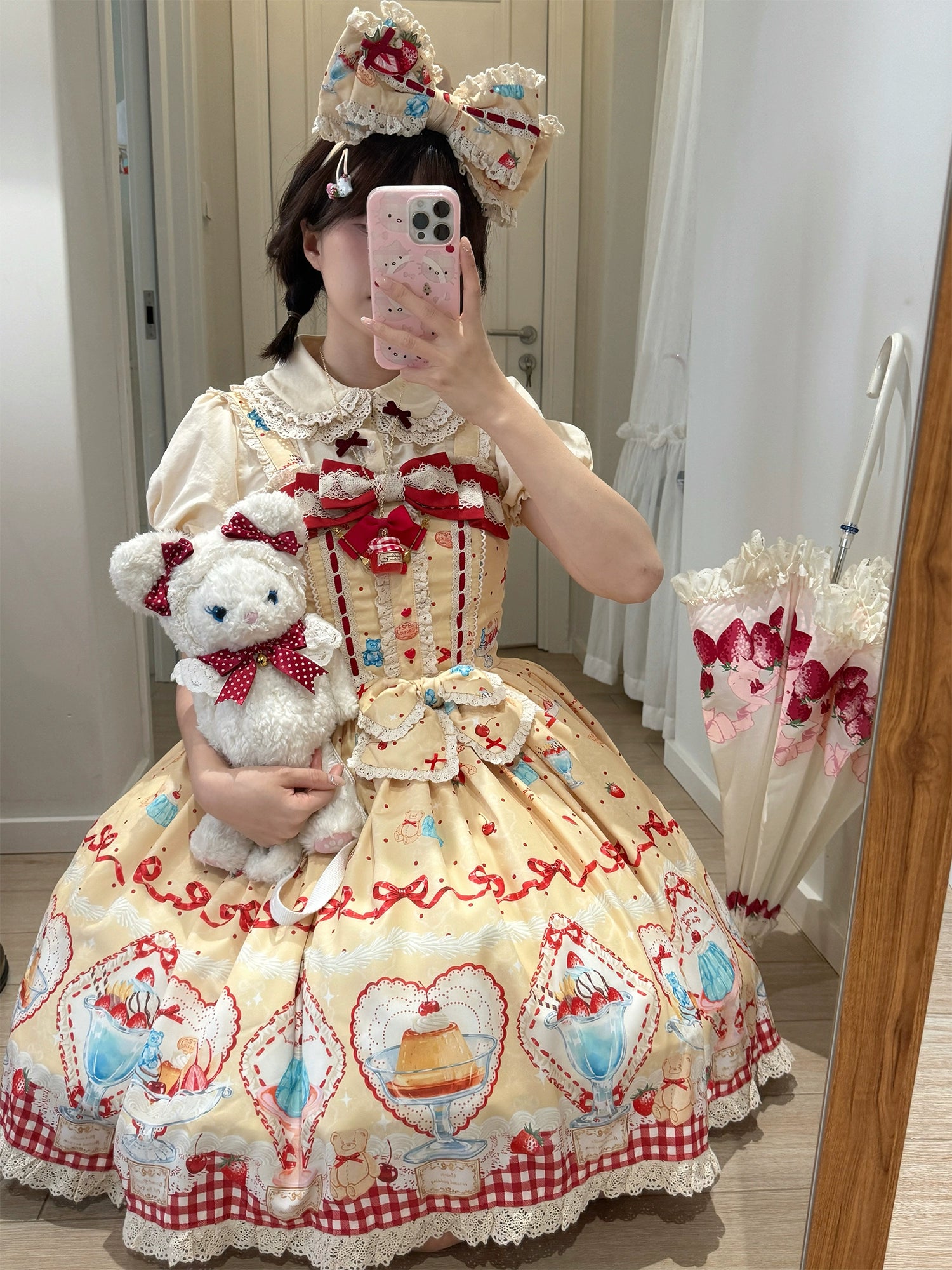 DreamWhale - Showa Dessert Showcase - Kawaii Lolita Dress Suit Pudding-Inspired JSK/Salopette (L M S XL) 43200:771561