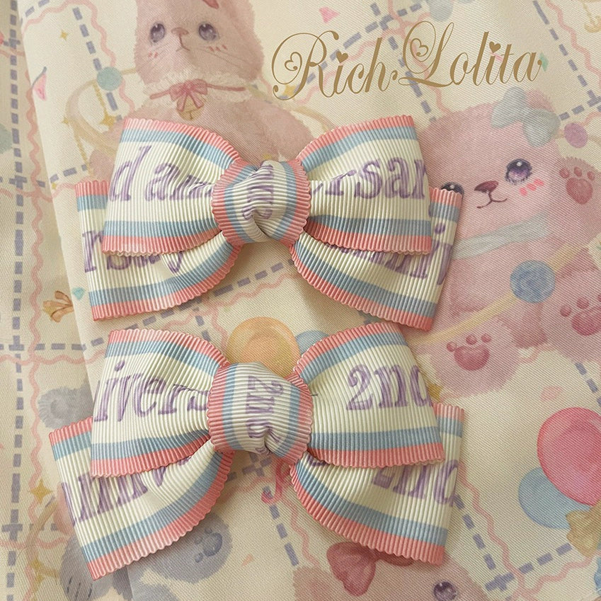RichLolita - Starry Pudding Bear - Sweet Lolita Jumper Dress Printed OP Dress XS Woven ribbon bow side clip ( a pair)