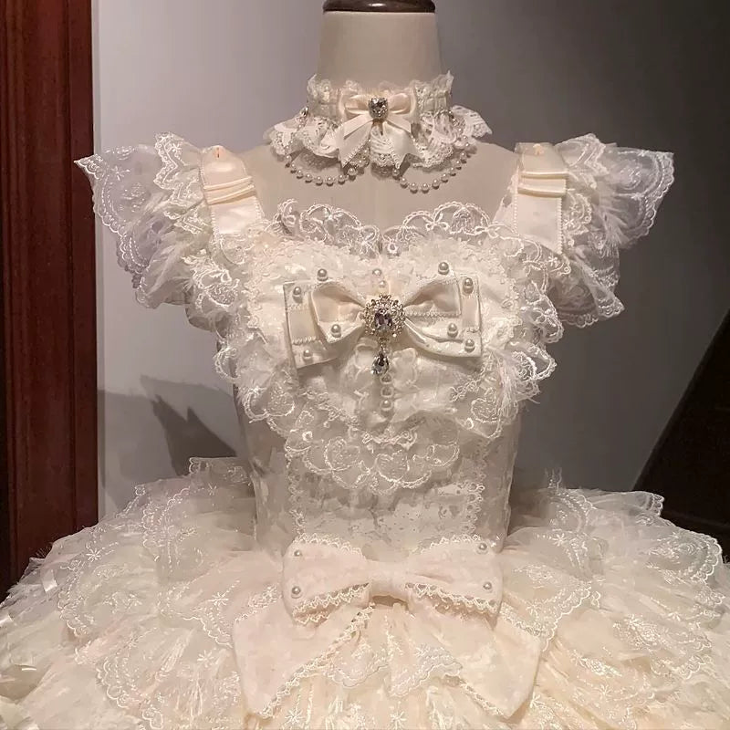 Hanguliang - Feather's Ballad - Wedding Lolita JSK Dress, Tiered Ruffles Apricot Choker Only (one size / choose M) S