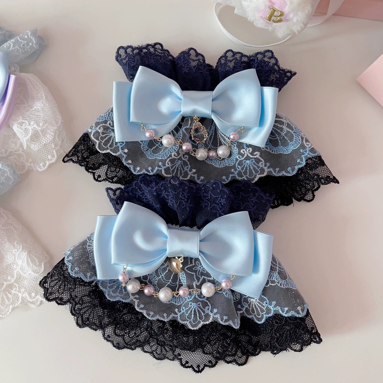 CheeseCat - Sweet Lolita Lace Cuffs Seashell Embroidery Ribbon Bow Black Indigo Cuffs (a pair)