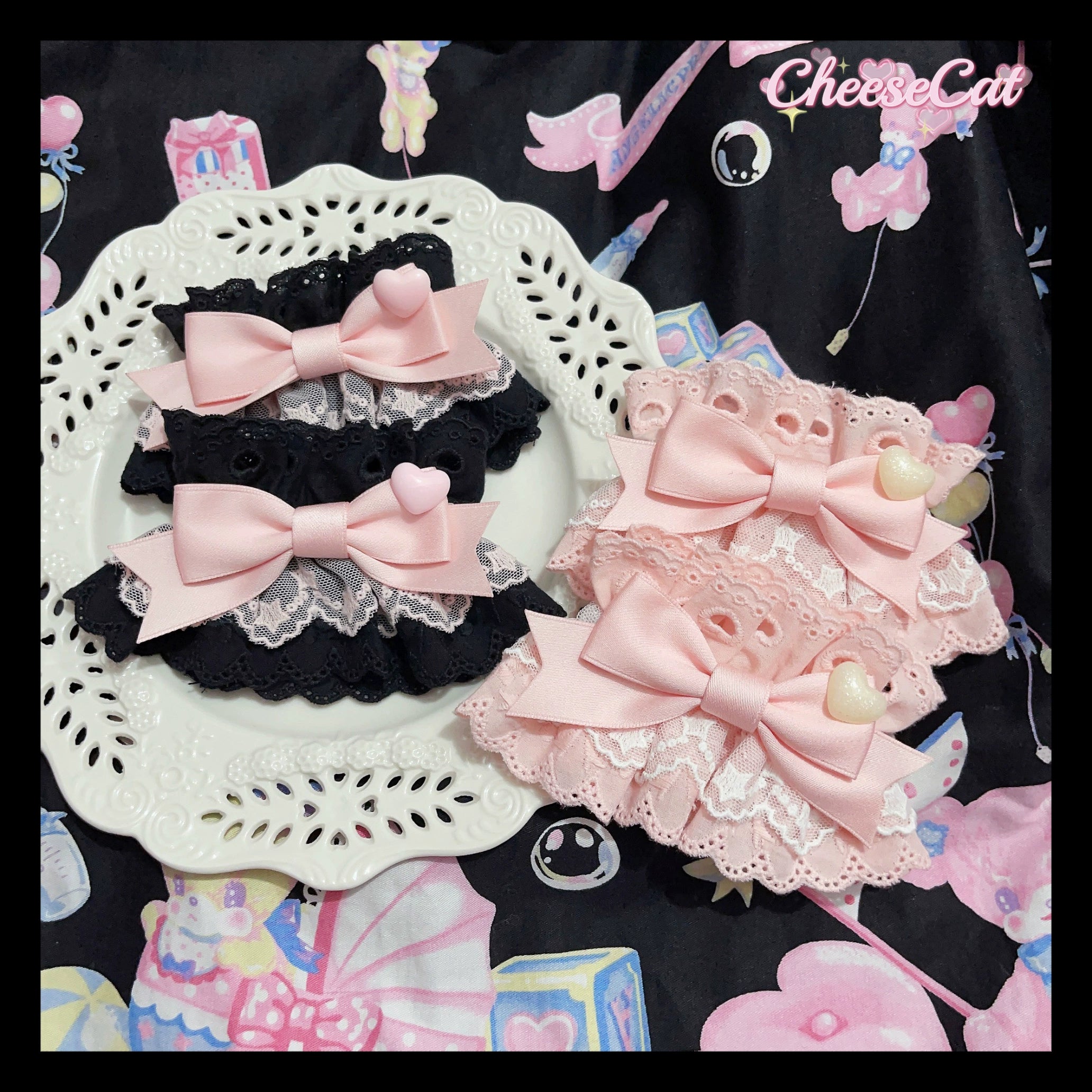 CheeseCat - Creamy Celestial - Sweet Lolita Cuffs Handmade Lace Cuffs Pink x white