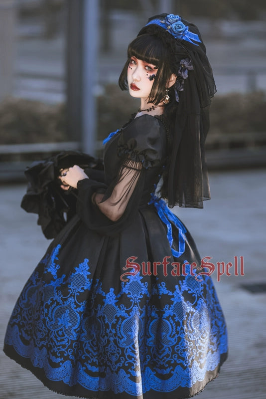 Surface Spell - Nocturne - Custom Gothic Lolita Dress Brocade Puff Sleeve Dress