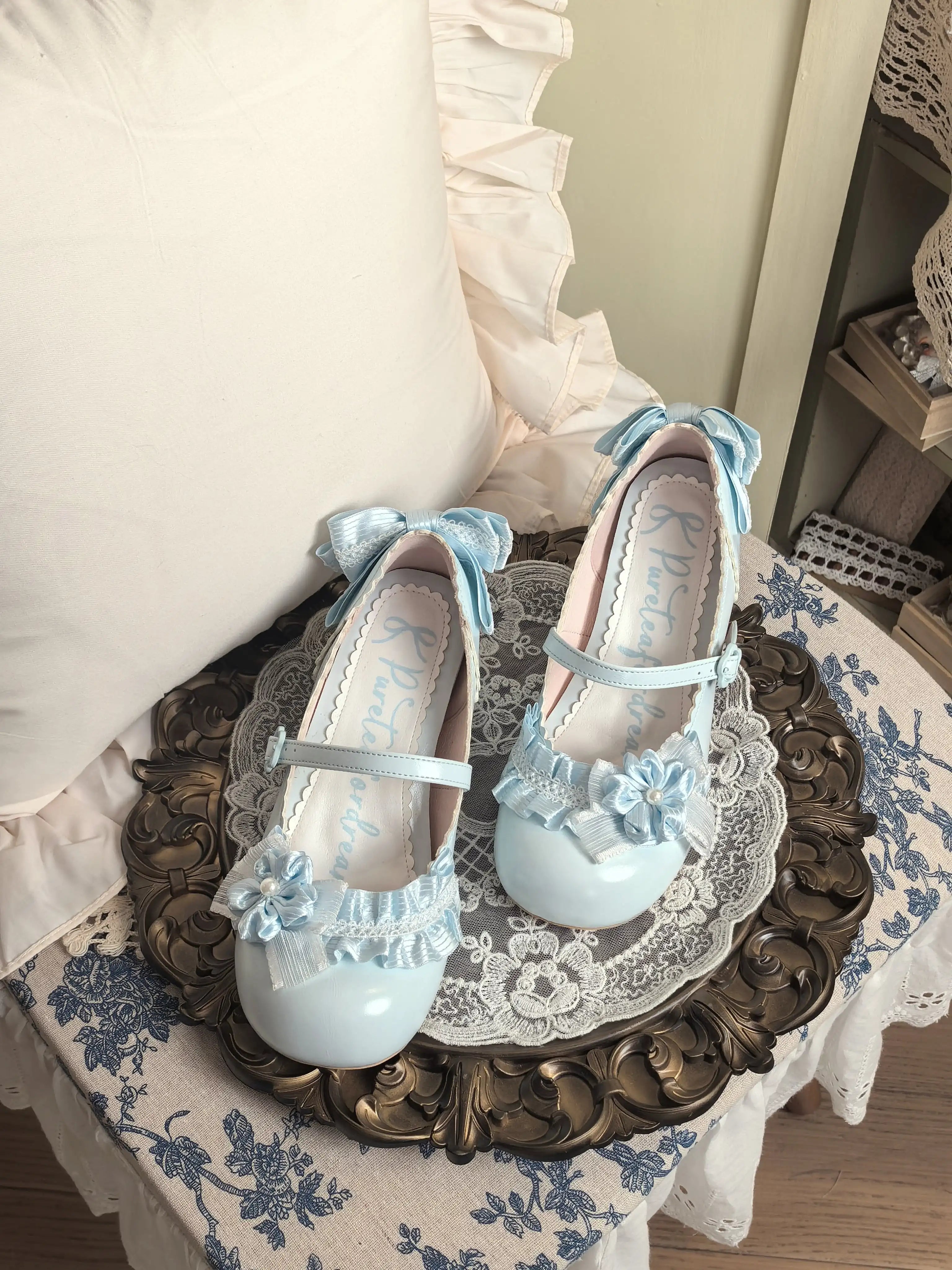 Moonlit Sakura - Sweet Lolita Round-toe Heel Shoes, Floral Accent (35 36 37 38 39 40) 45385:846014
