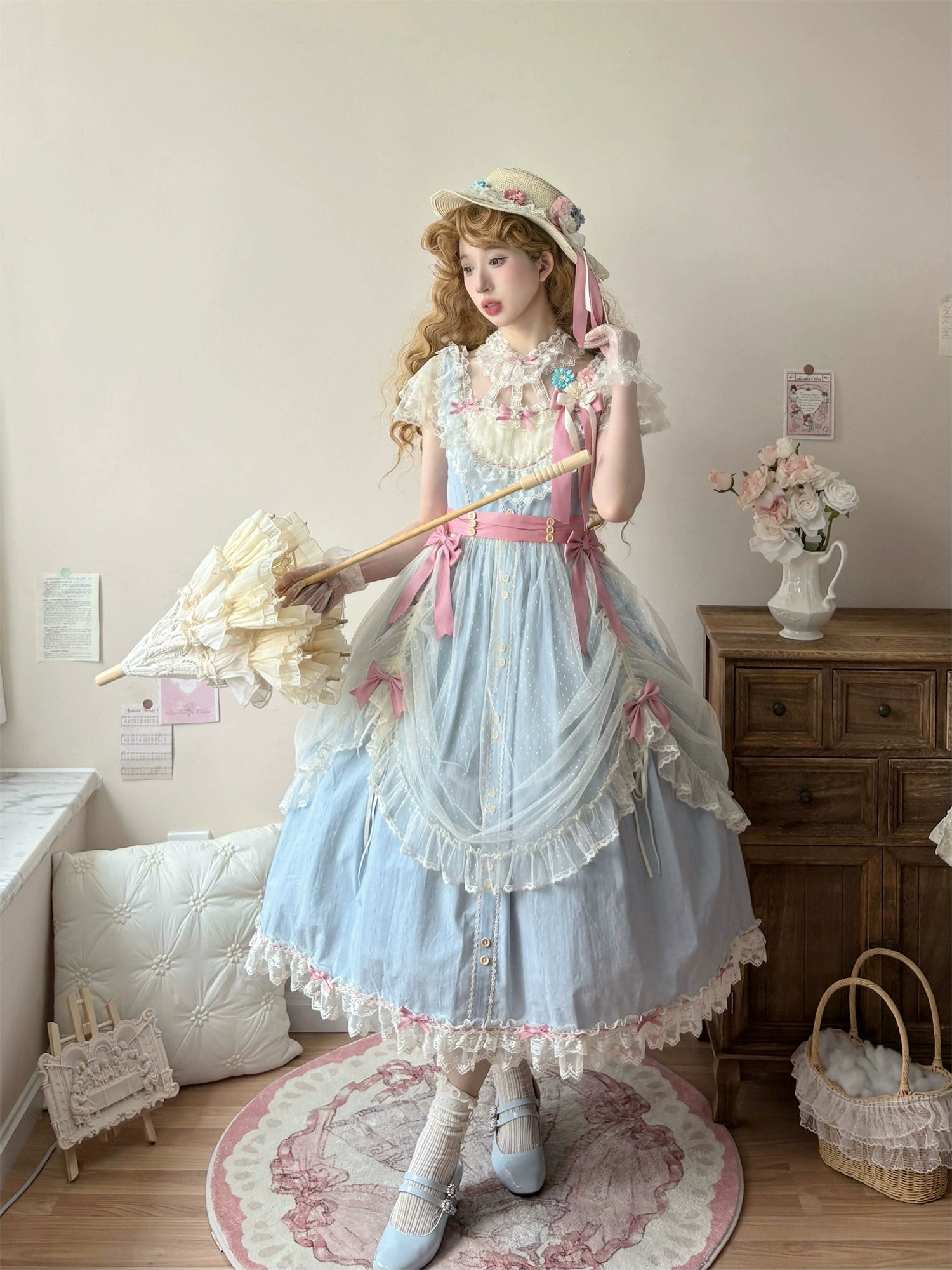 Fluttering Cherry Spring Strings - Cotton Sweet Lolita JSK Dress Long - Lifted Voile Skirt Overlay Only S