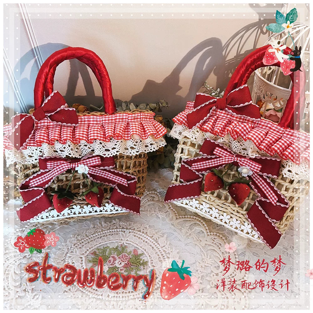 Country Lolita Straw-woven Bag, Strawberry Accent