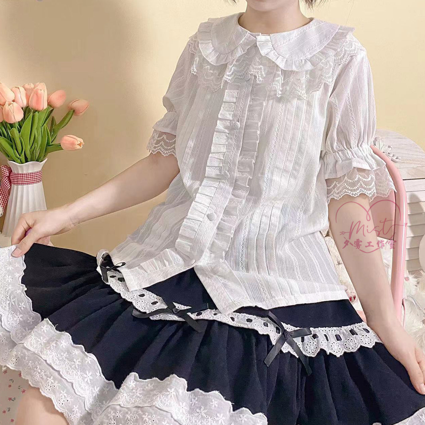 MIST - Sweet Lolita Golilla Short Sleeve Shirt S milk white