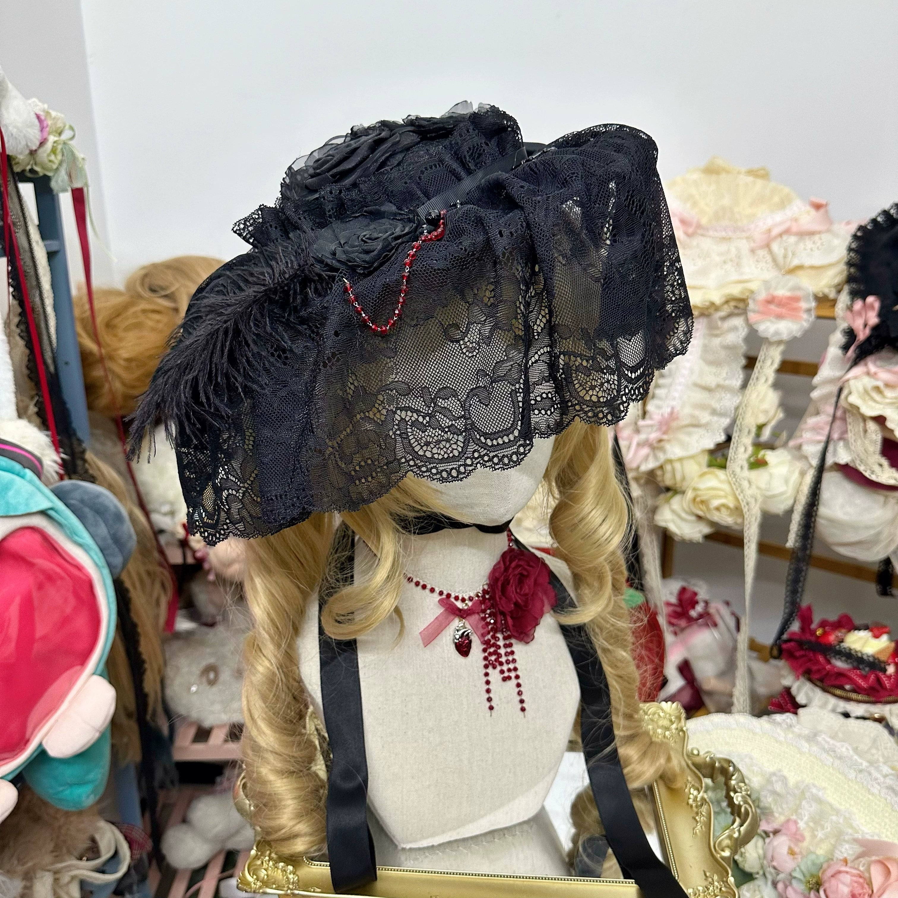 Chestnut Lolita - Gothic Lolita Hat Widow Hat Black Headdress Half-covered small size hat(short lace)