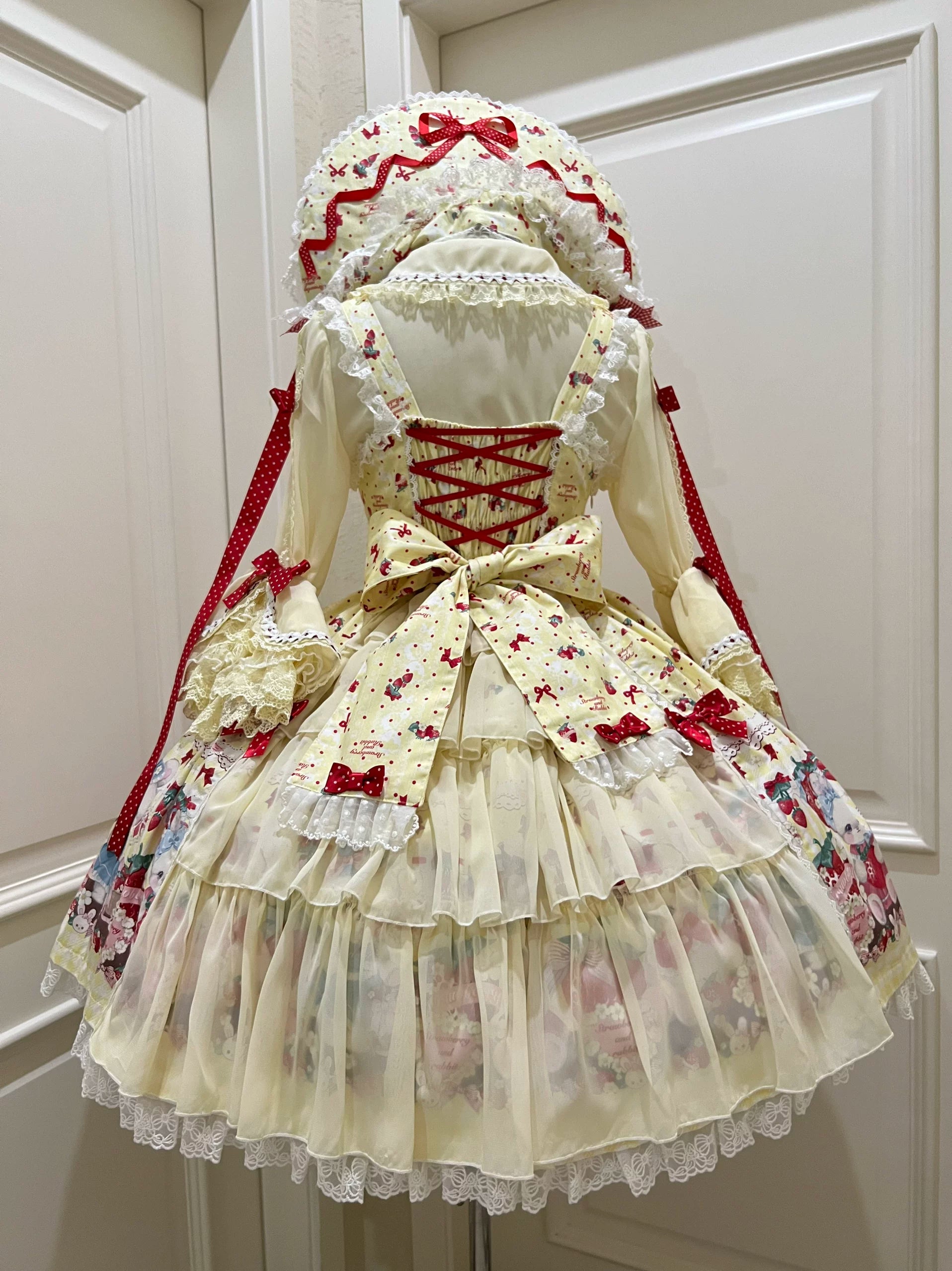 Strawberry Plaid Bunny - Printed Sweet Lolita JSK Dress, Hime Sleeve Blouse