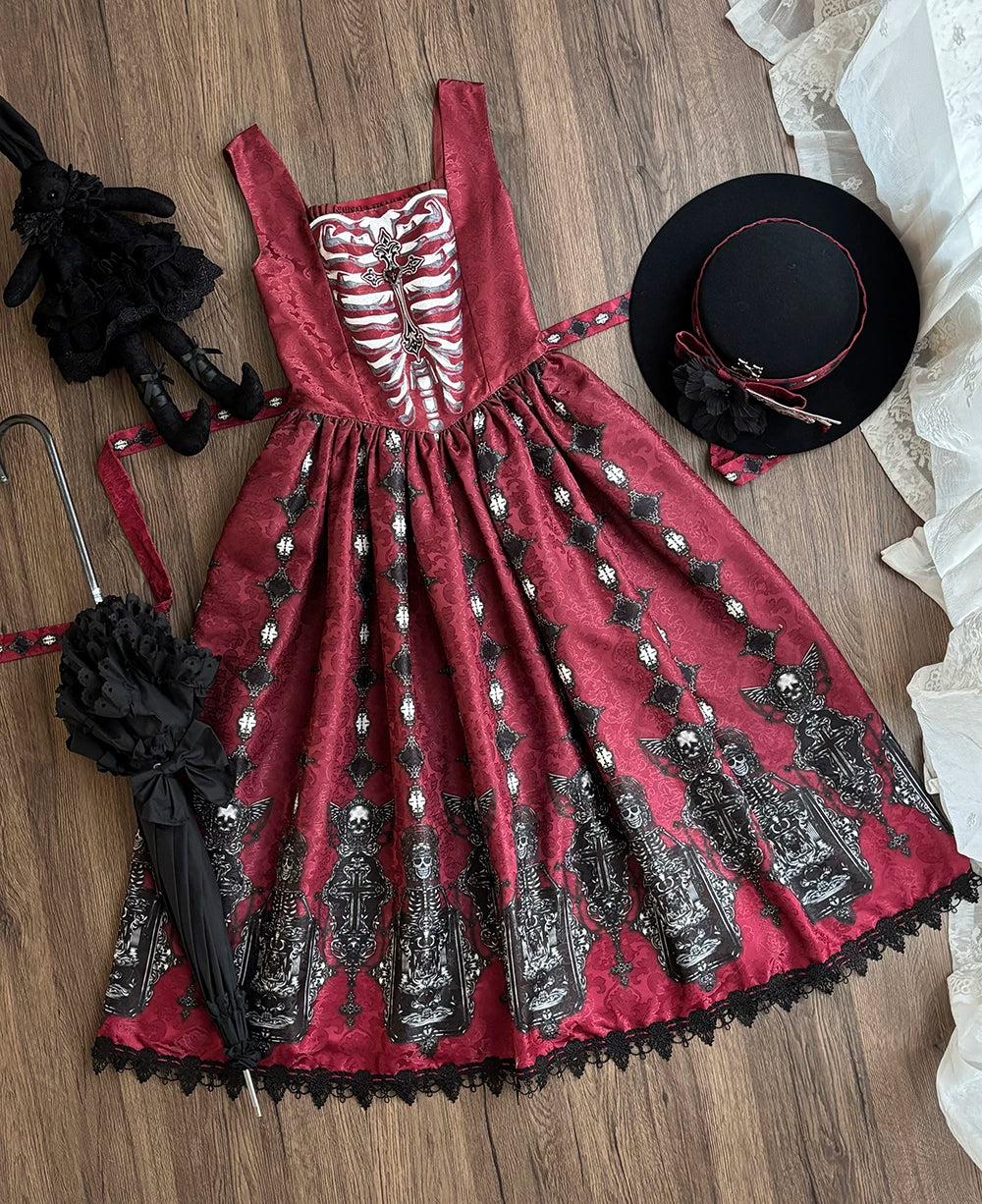 Moonnight Return - Gothic Lolita JSK Dress, Skeleton & Cross Print (2XL L M S XL XS) 44638:816236
