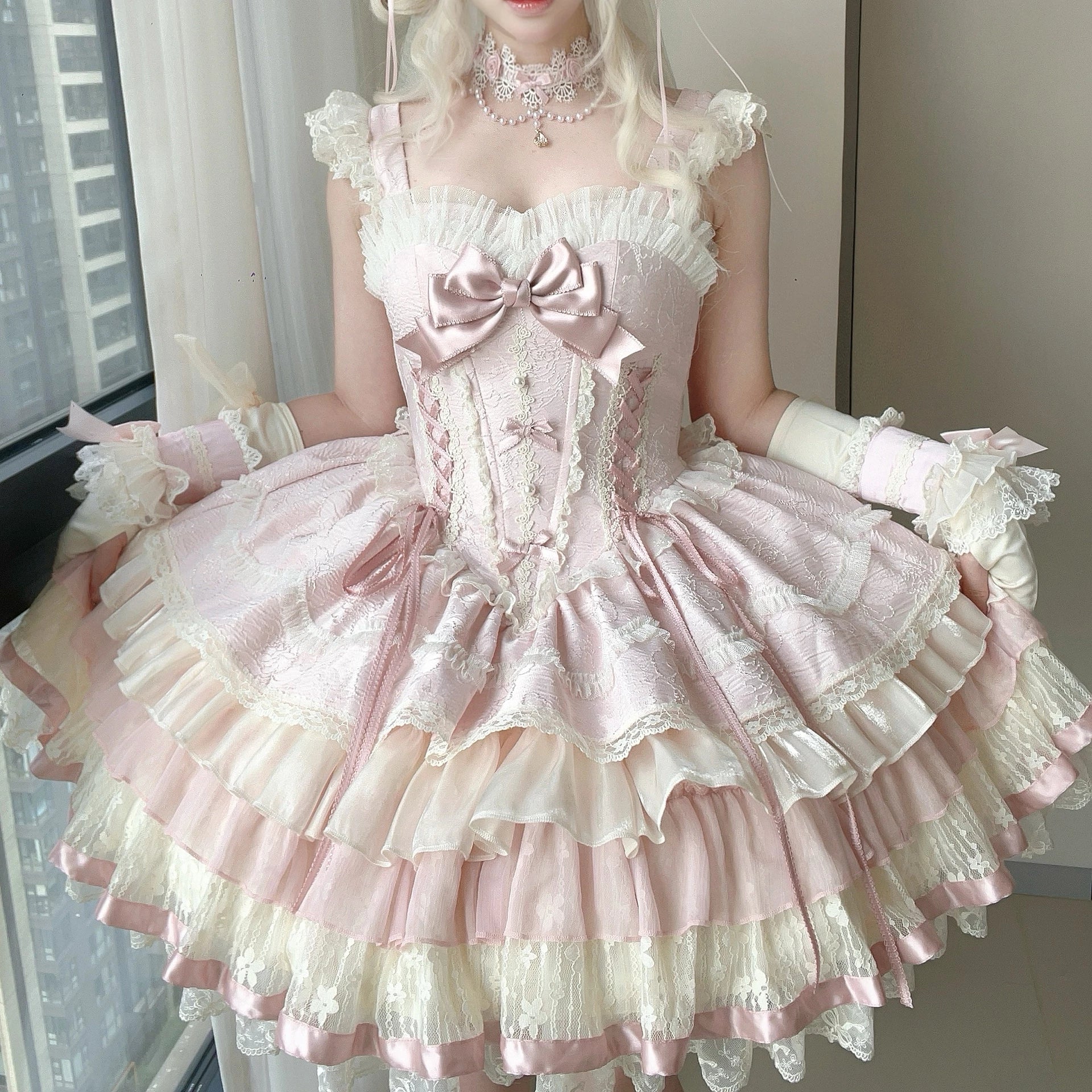 Lotus Crossing - Sweet Lolita Tiered Hem JSK Dress with Satin Bow (L M S XL) 45302:844762