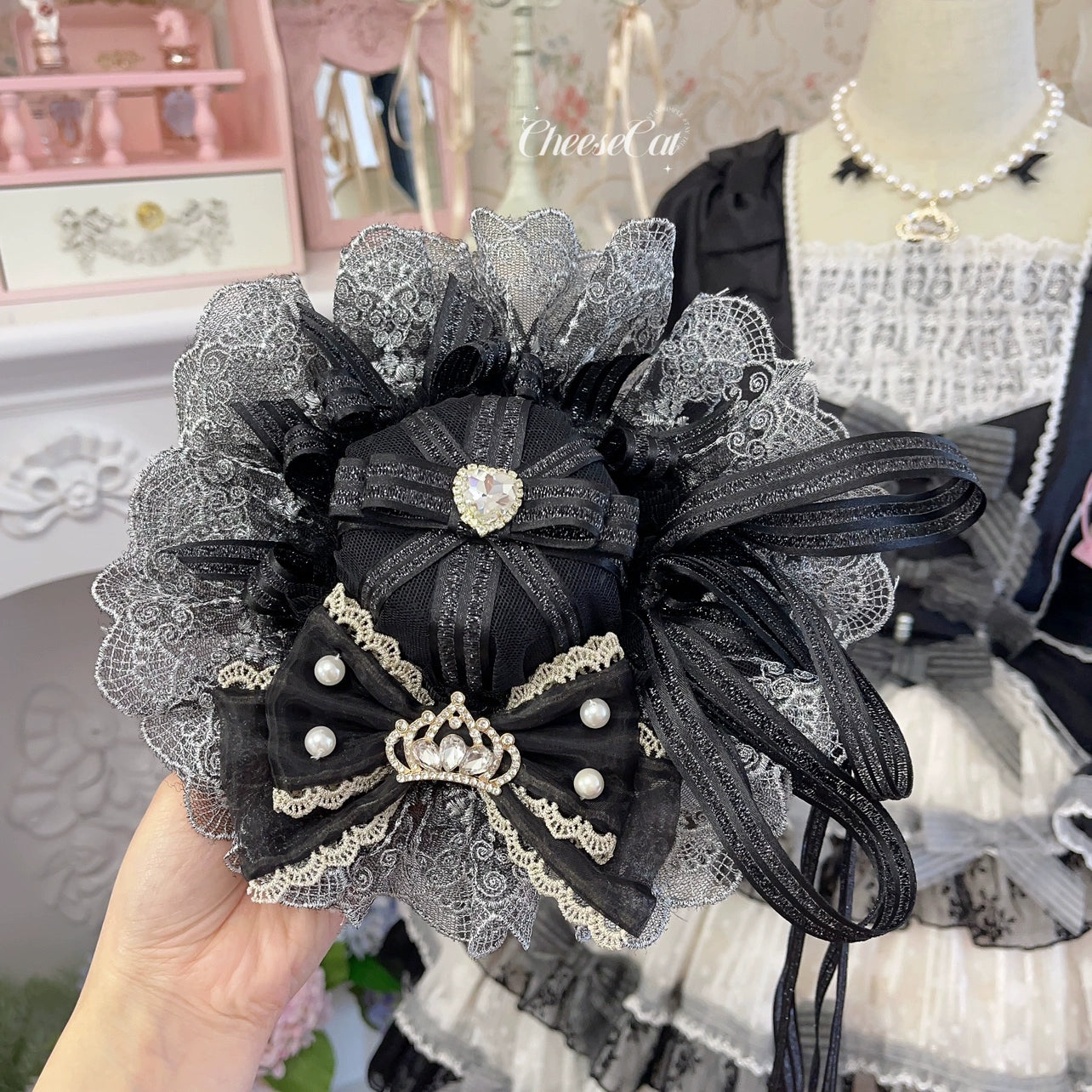 Cheese Cat - Sweet Lolita Cake Top Hat Handmade Lolita Accessory Black gold grey top hat