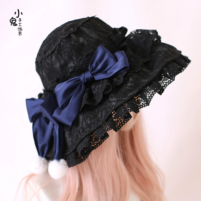 Xiaogui - Retro Lolita Hat Lace Handmade Doll Hat with Multicolor Bows One Size black hat with dark blue bow