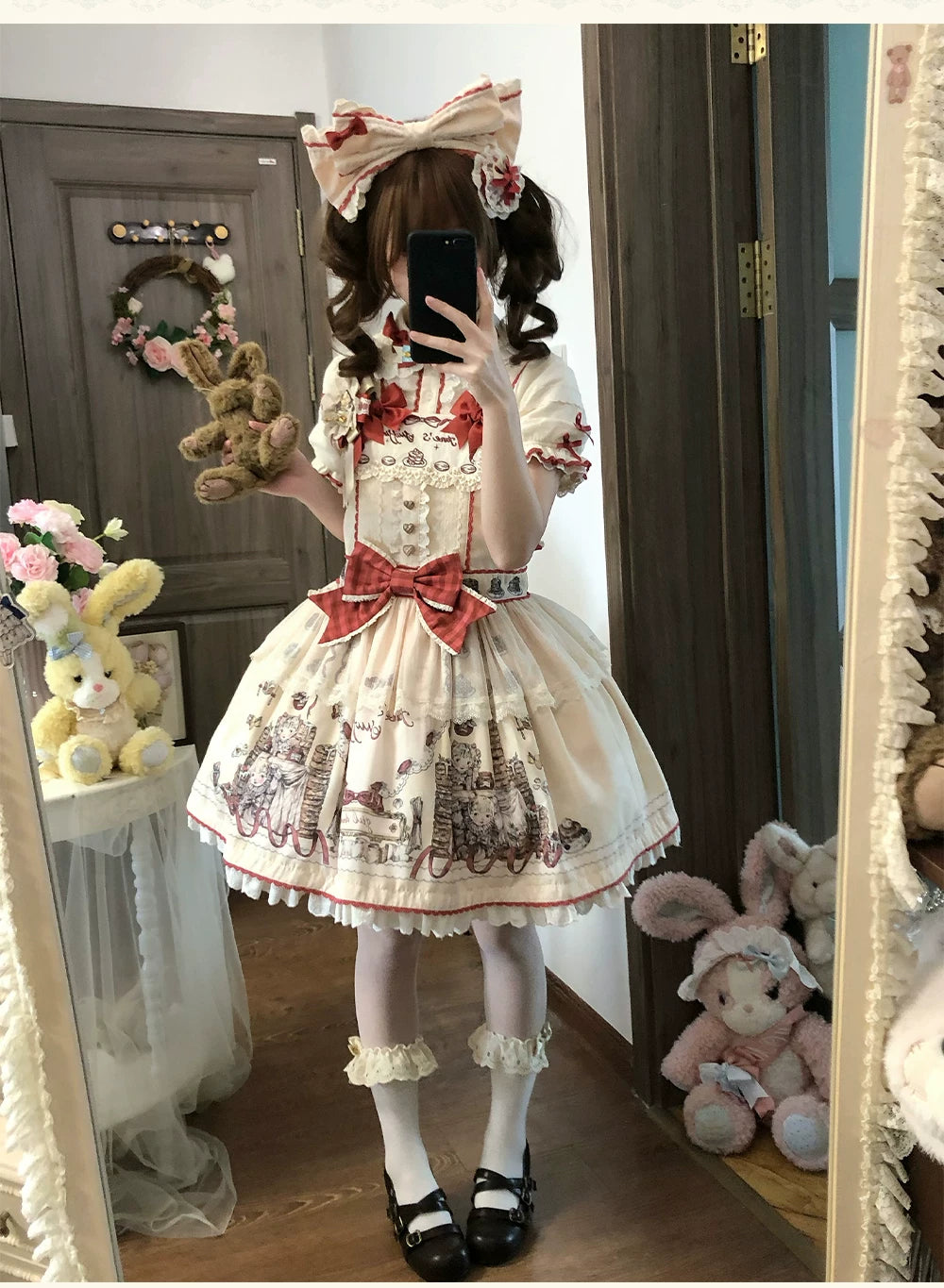 Pancake Postman - Kawaii Lolita Printed OP & Salopette Dress, Lace & Bows 45174:838647
