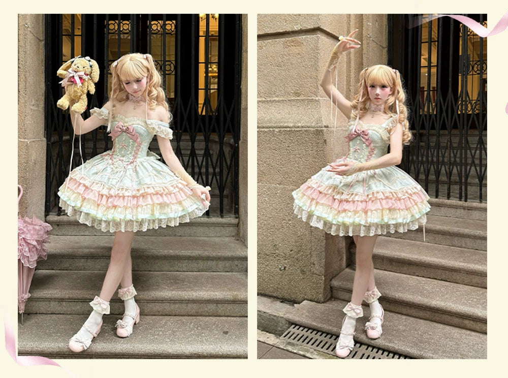 Lotus Crossing - Sweet Lolita Tiered Hem JSK Dress with Satin Bow 45302:844759