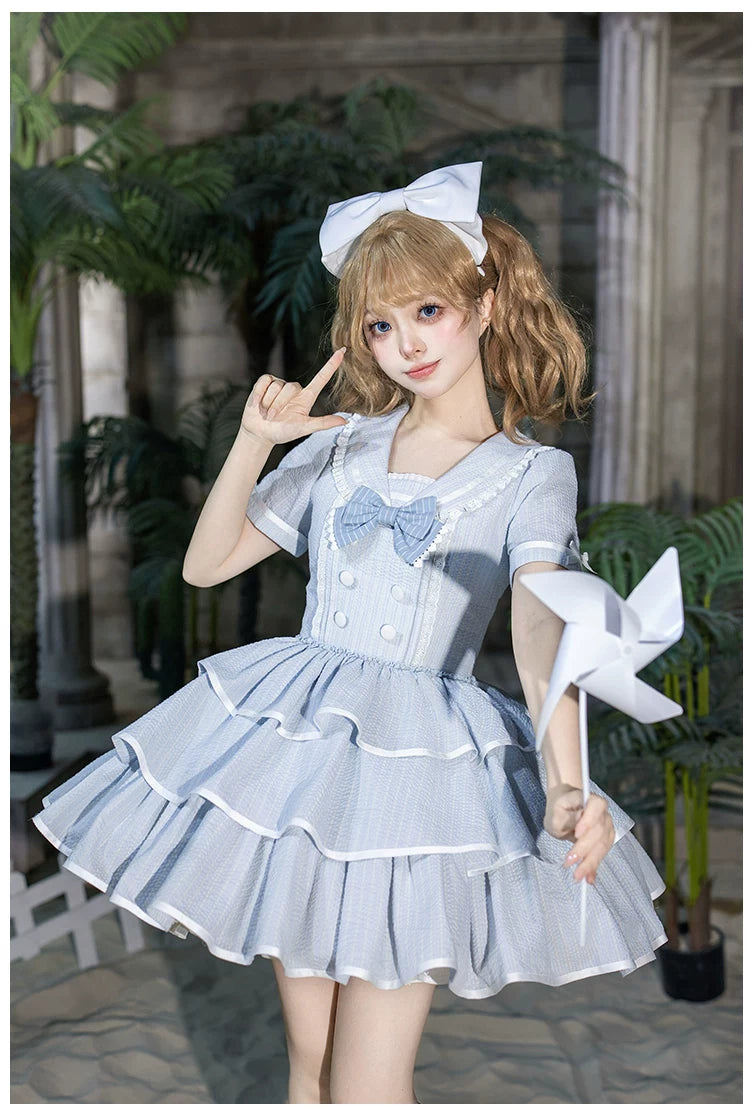 Seven-Day Bell - Blue Classic Lolita Striped OP Dress, Sailor Collar