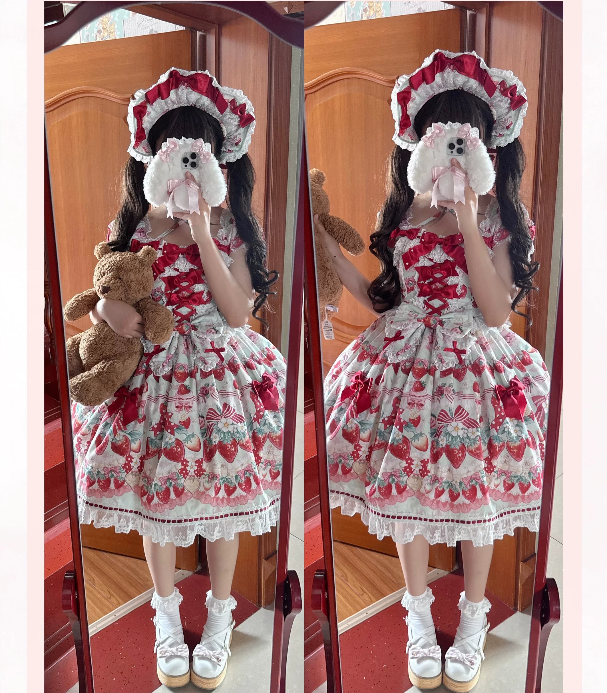 Strawberry Cream Bouquet - Printed Sweet Lolita OP Dress, Halter Neckline