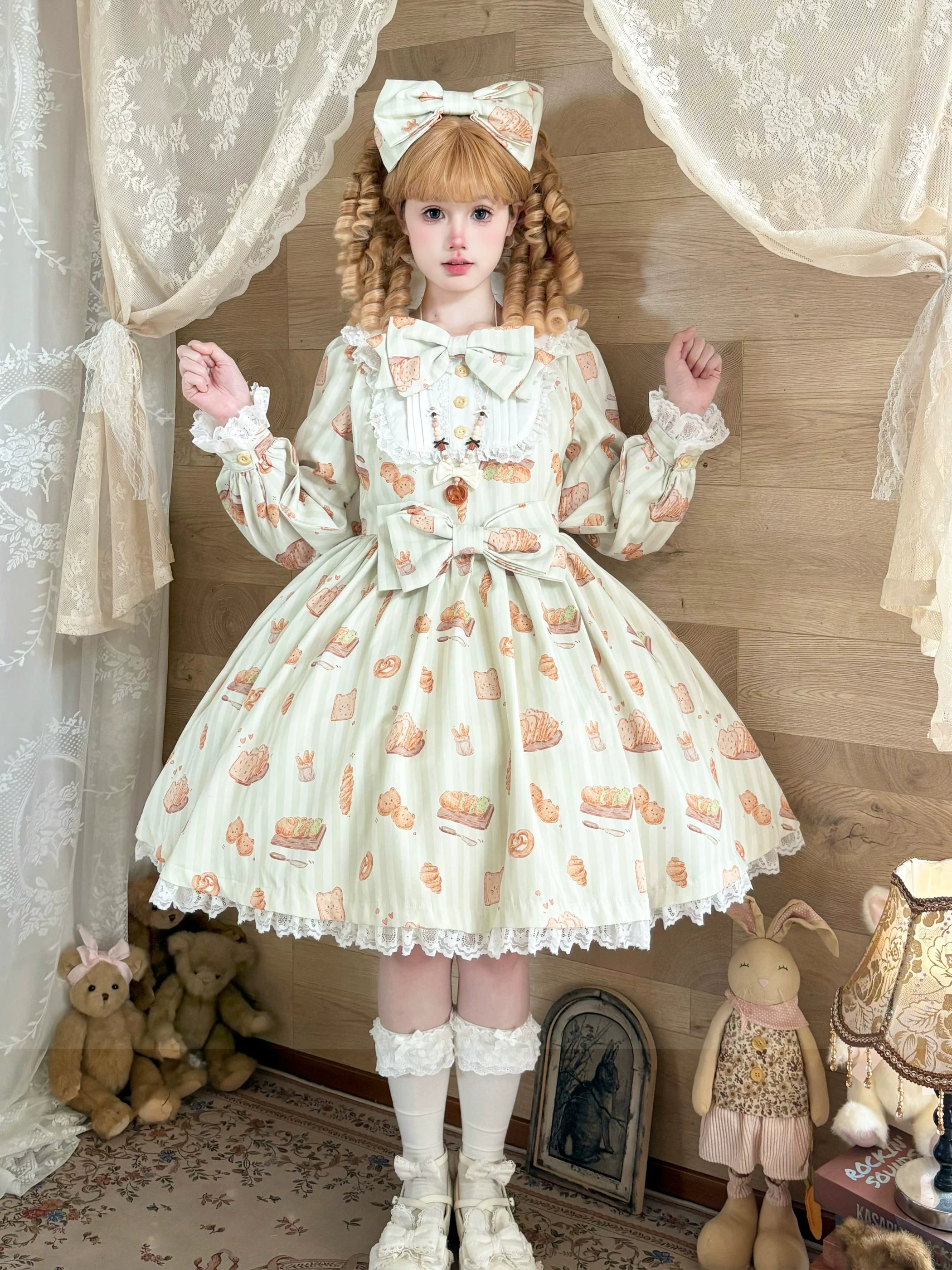 Kitten Bread - Sweet Lolita OP Dress, Cat & Bread Print Matcha Green Dress Only S