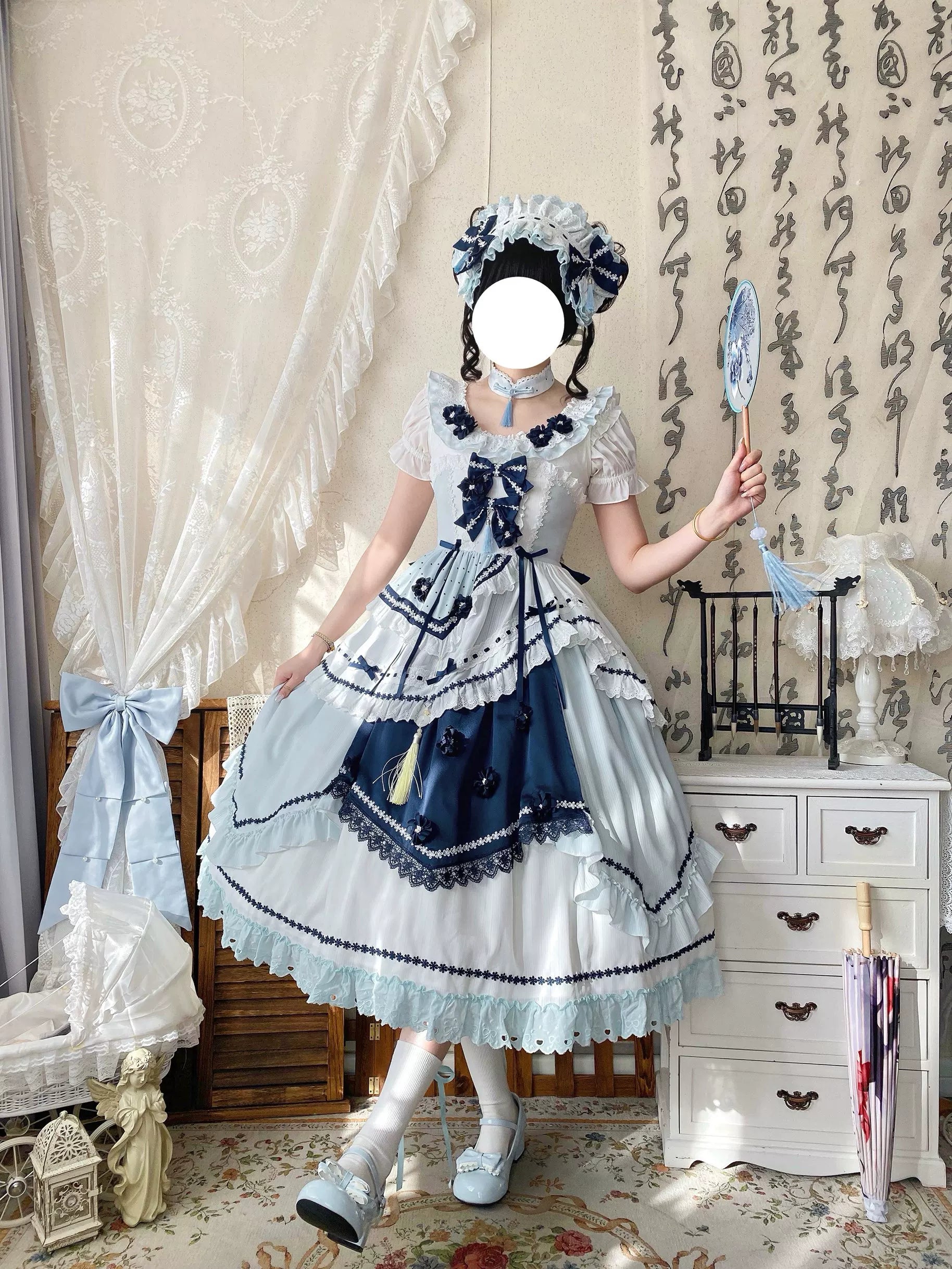 Blue and White Dream - Classic Lolita JSK Dress, Irregular Layered Hem