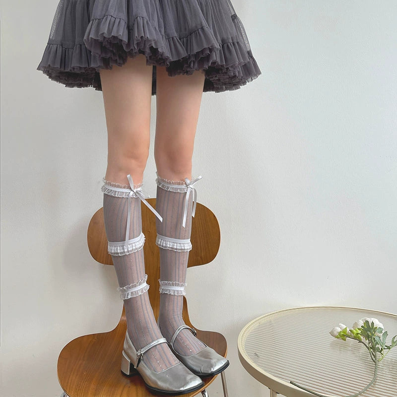 WAGUIR - Sweet Lolita Lace Thin Calf Socks One Size (sizes 35-39) gray