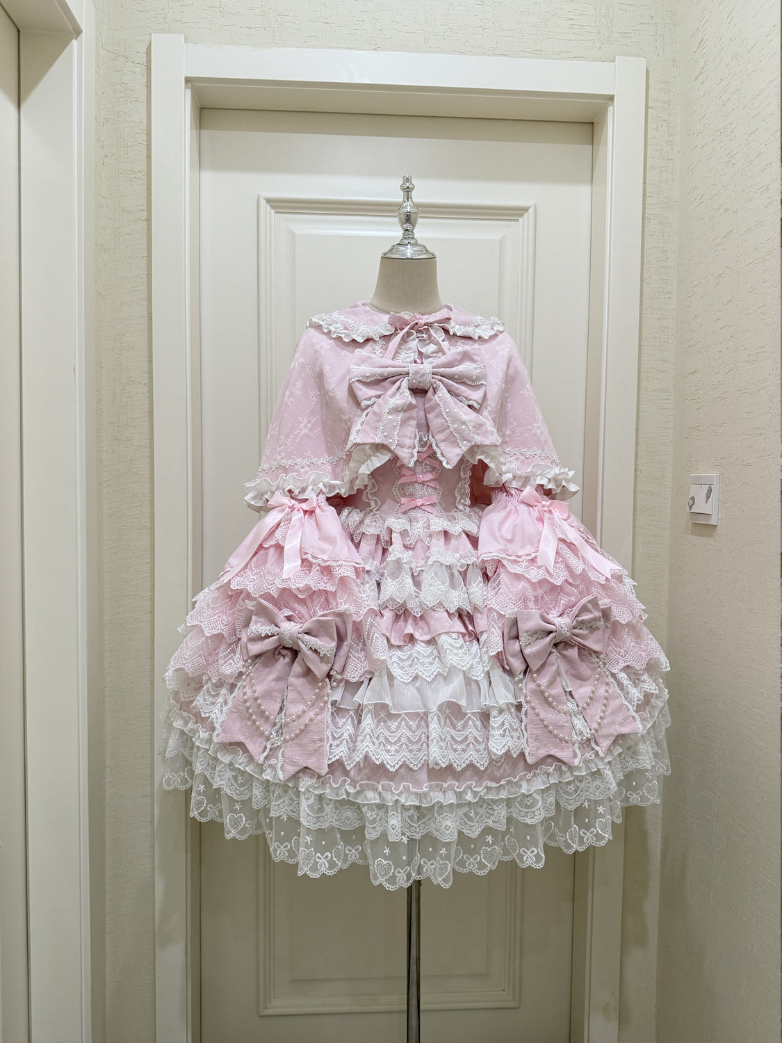 Hanguliang - Cross Heart Knot - Sweet Lolita JSK Suit Tiered Ruffles Dress with Lace Blouse Pink Cape Only (One Size - M) S
