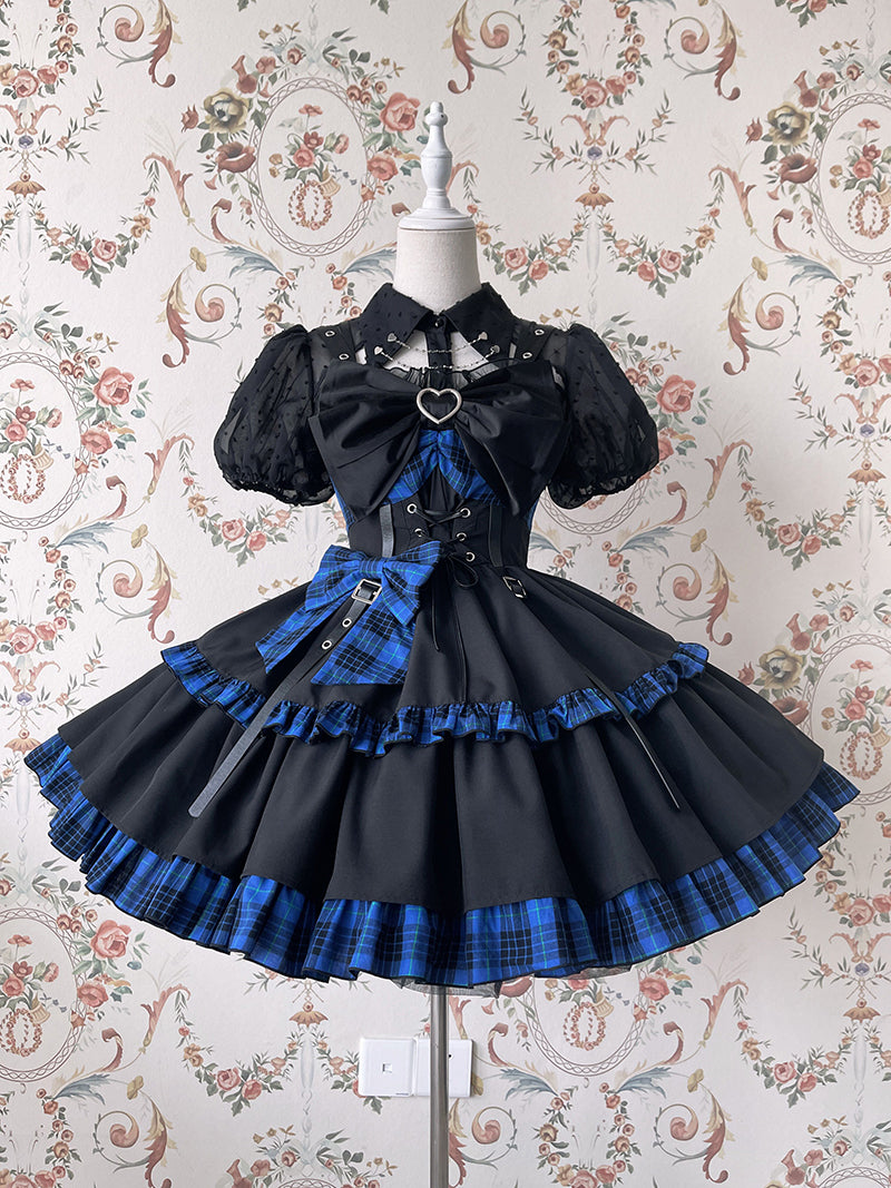 Alice Girl - Gothic Lolita Dress Blue Plaid Jumper Dress XS black blue (new version, without ruffle on bust)