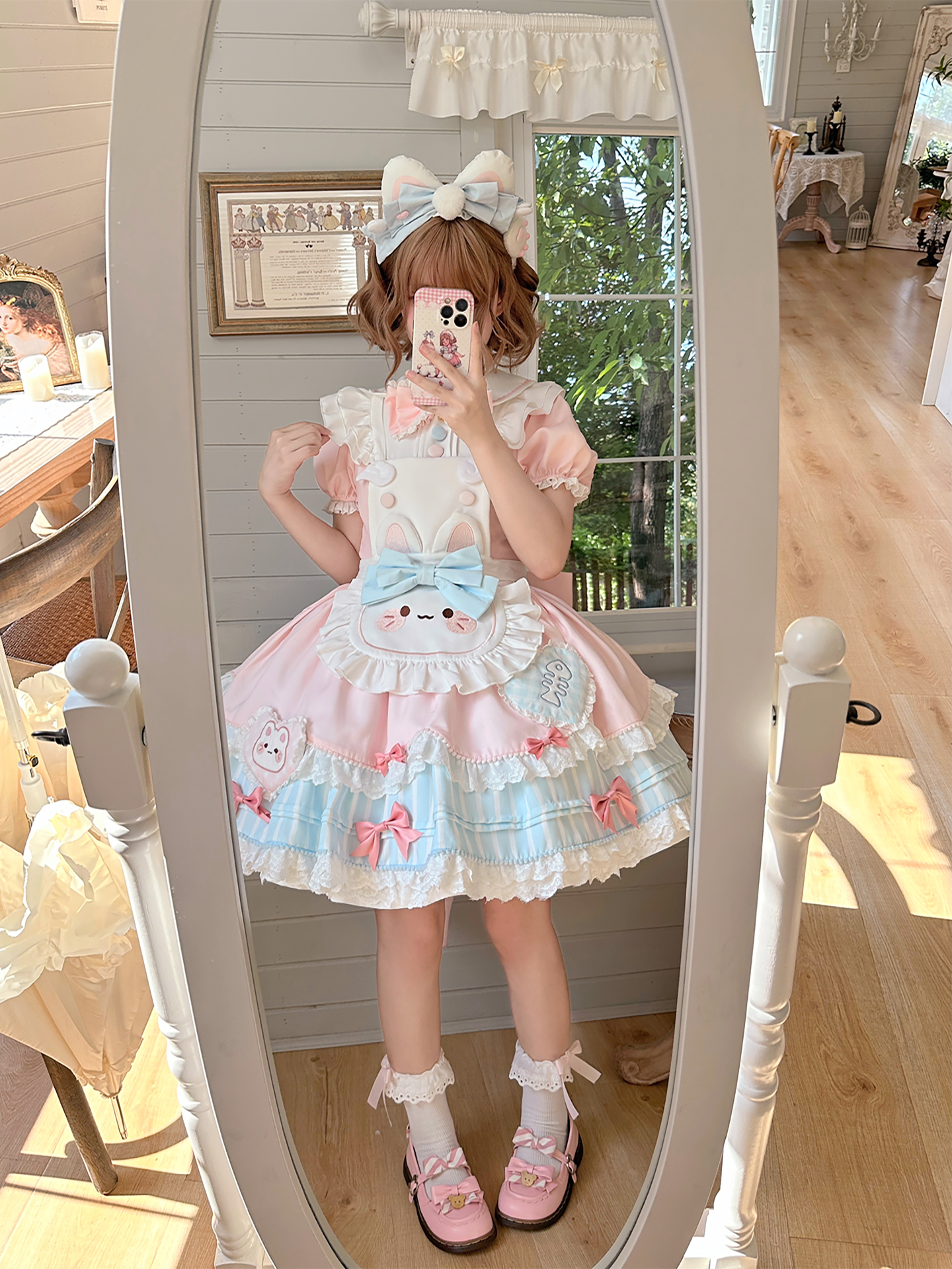 Jiuli Lolita - Nine Meow Bunny - Sweet Lolita Bunny Apron OP Dress, Back Zipper 44098:795728