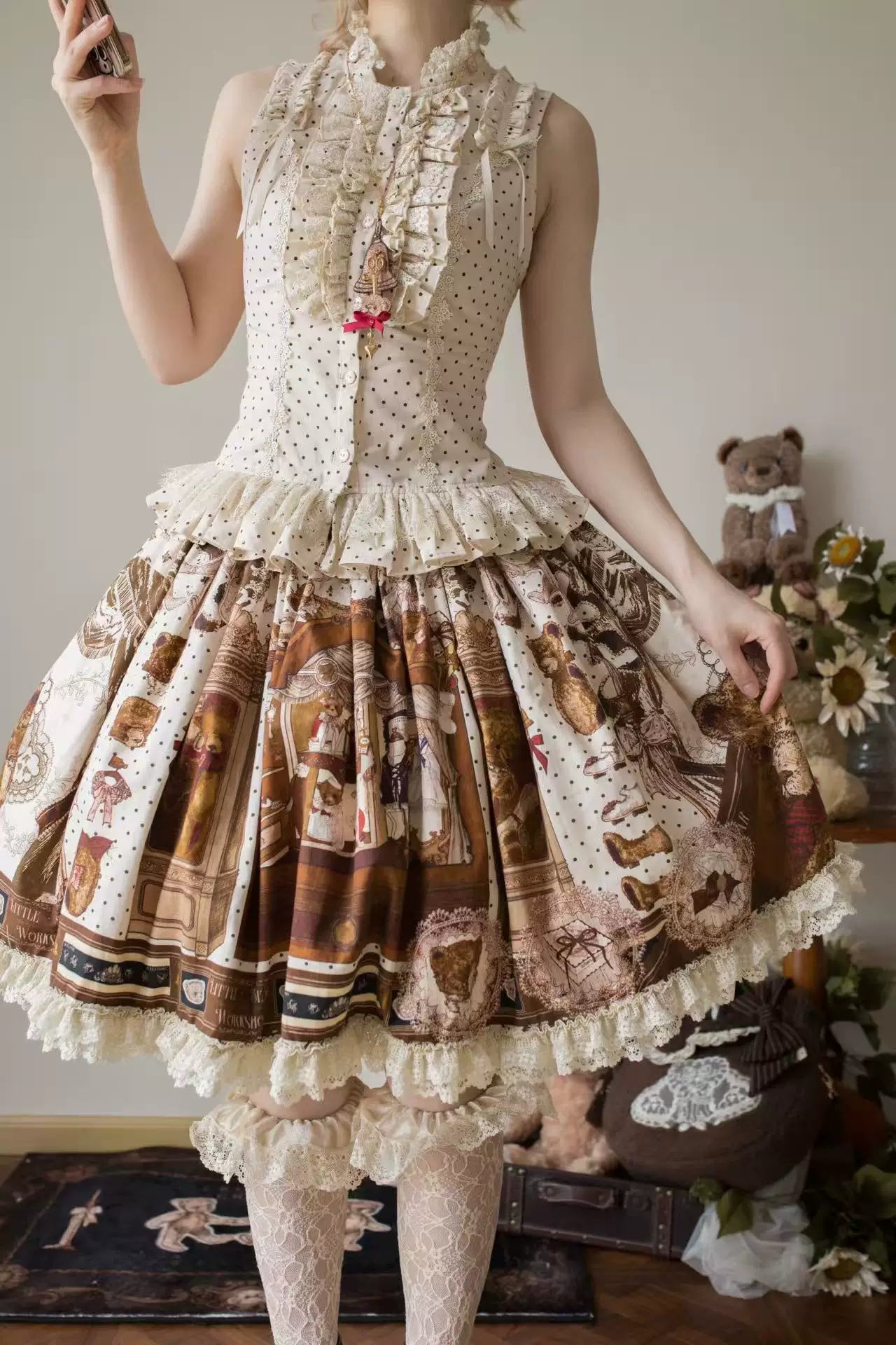 Little Bear Workshop - Cotton Sweet Lolita JSK & OP Dress, Printed Bodice