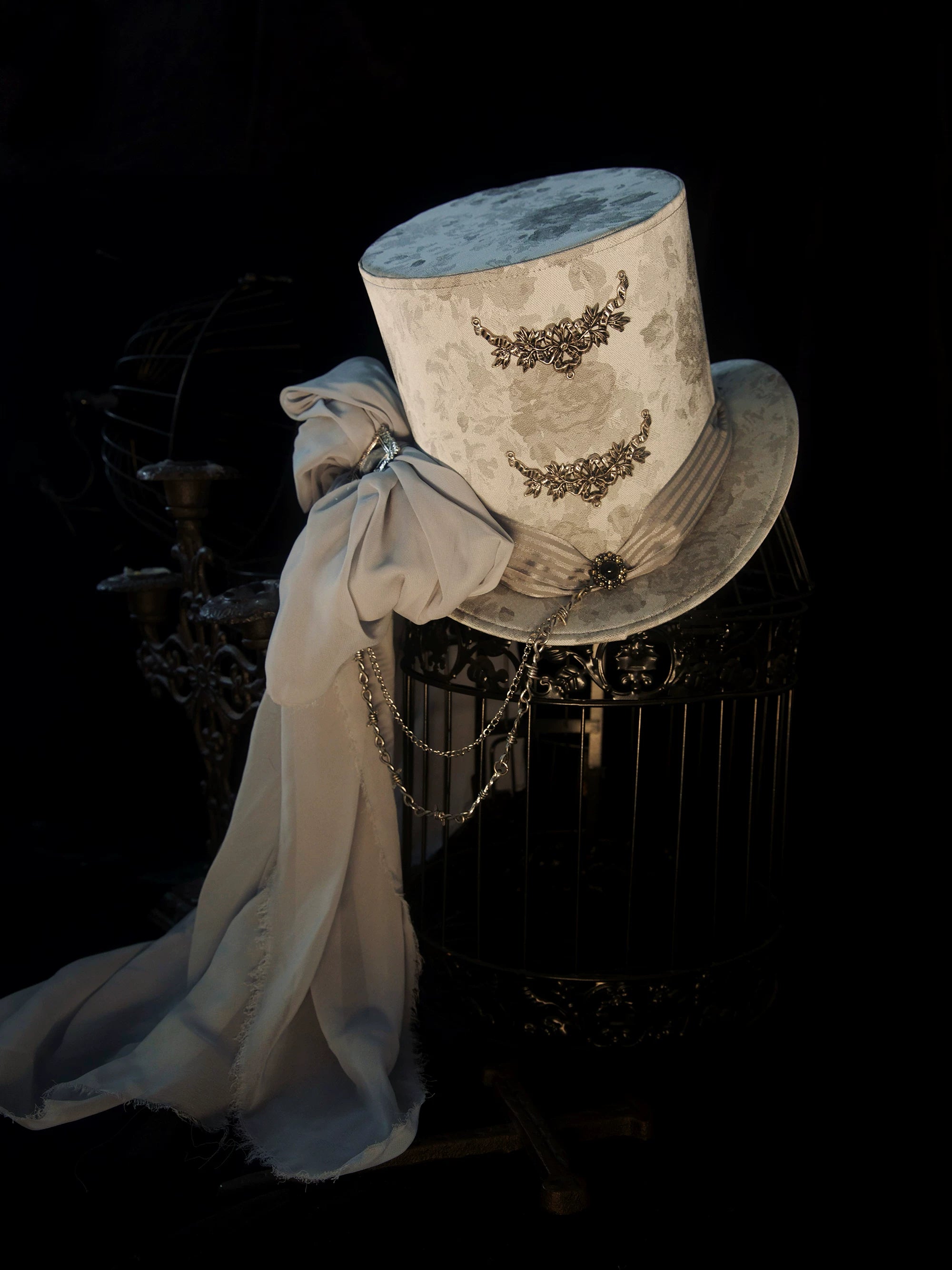 Genesis and Armageddon - Gothic Lolita Accessory, Skeleton Hand Decoration Light Brown - Tall Top Hat One Size