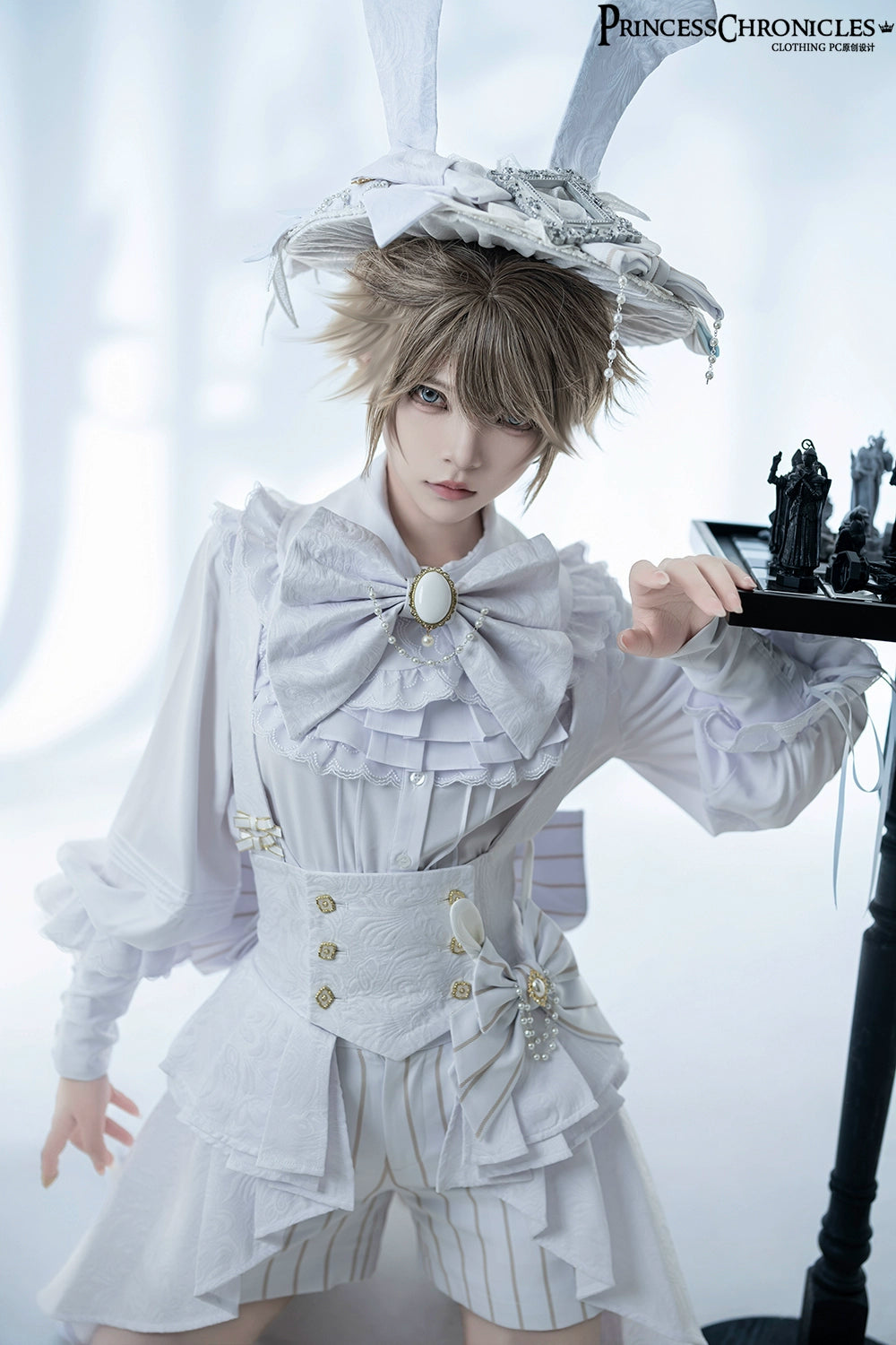 Princess Chronicles - Rabbit Theater White Moonlight - Ouji Lolita Shorts Set Corset and Rabbit Hat Accessory