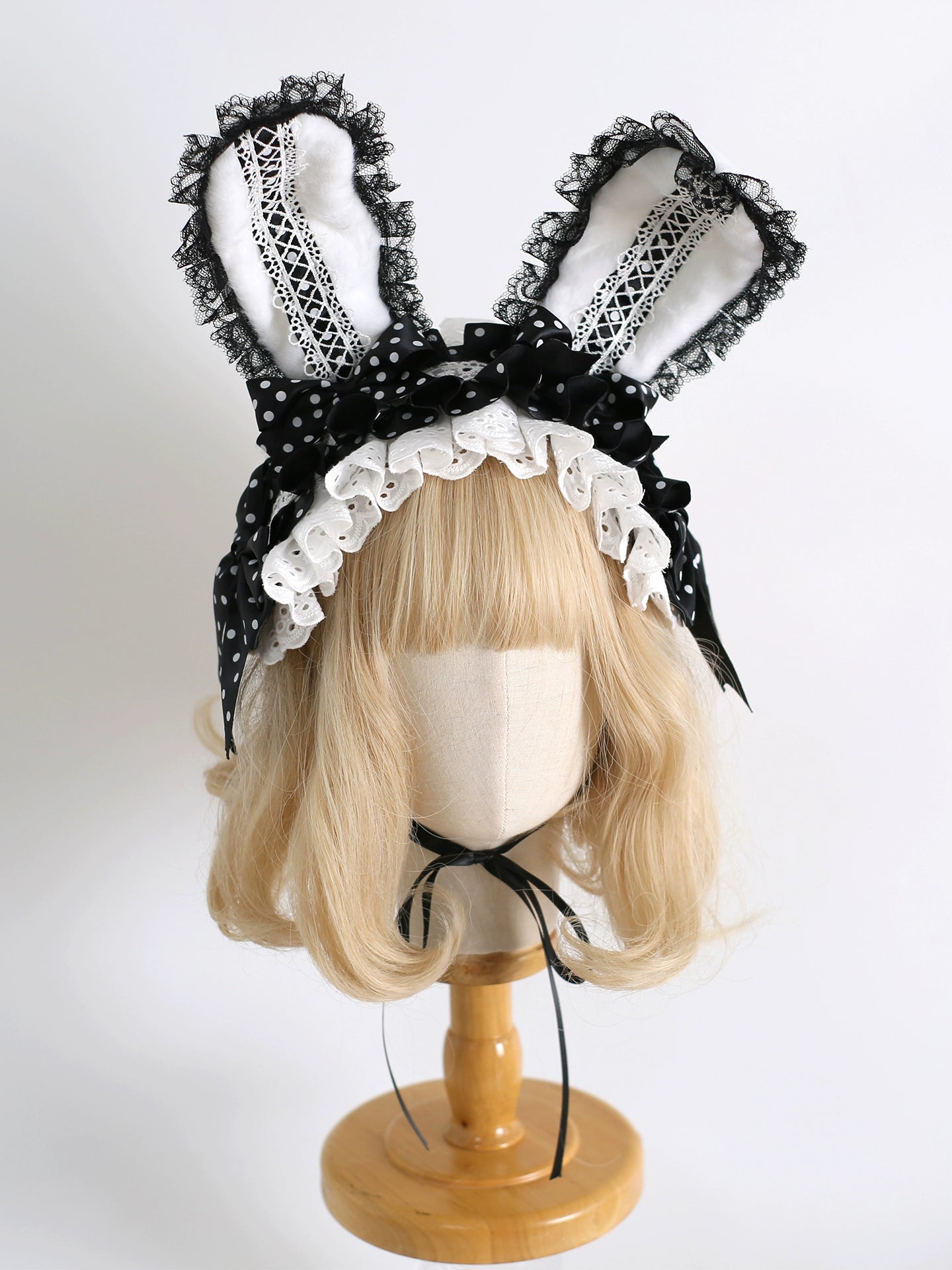 Xiaogui - Sweet Lolita Polka Dot Lace Hairband, Shapeable Bunny Ears (Black) 44127:797250