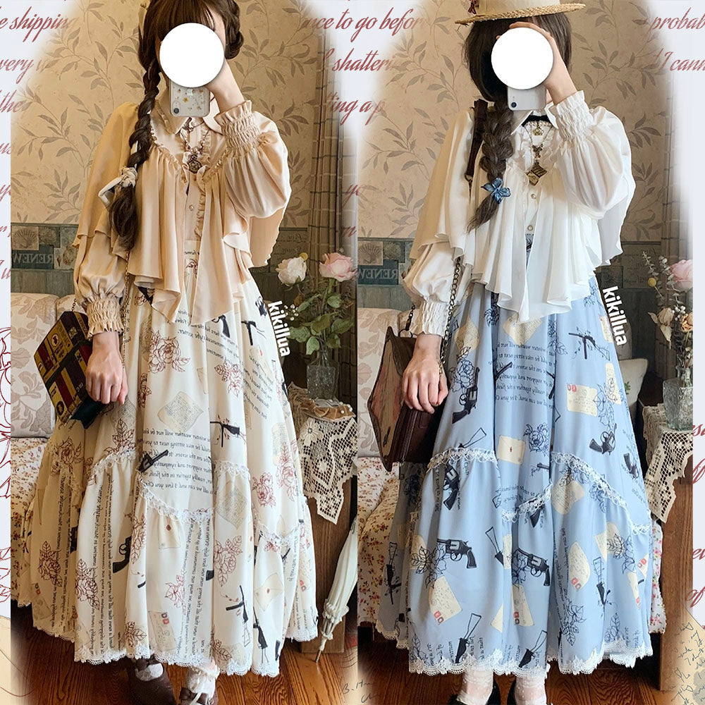 VTGDOLL - World War II love letter - Elegant Lolita Shirt and Lolita Painted SK S SK yellow print