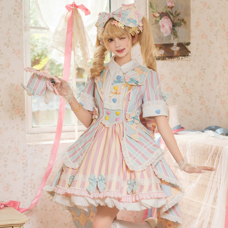 Sakurahime - Werid Theatre - Sweet Lolita Blackpink Stripe OP S blue-pink OP with a back bow