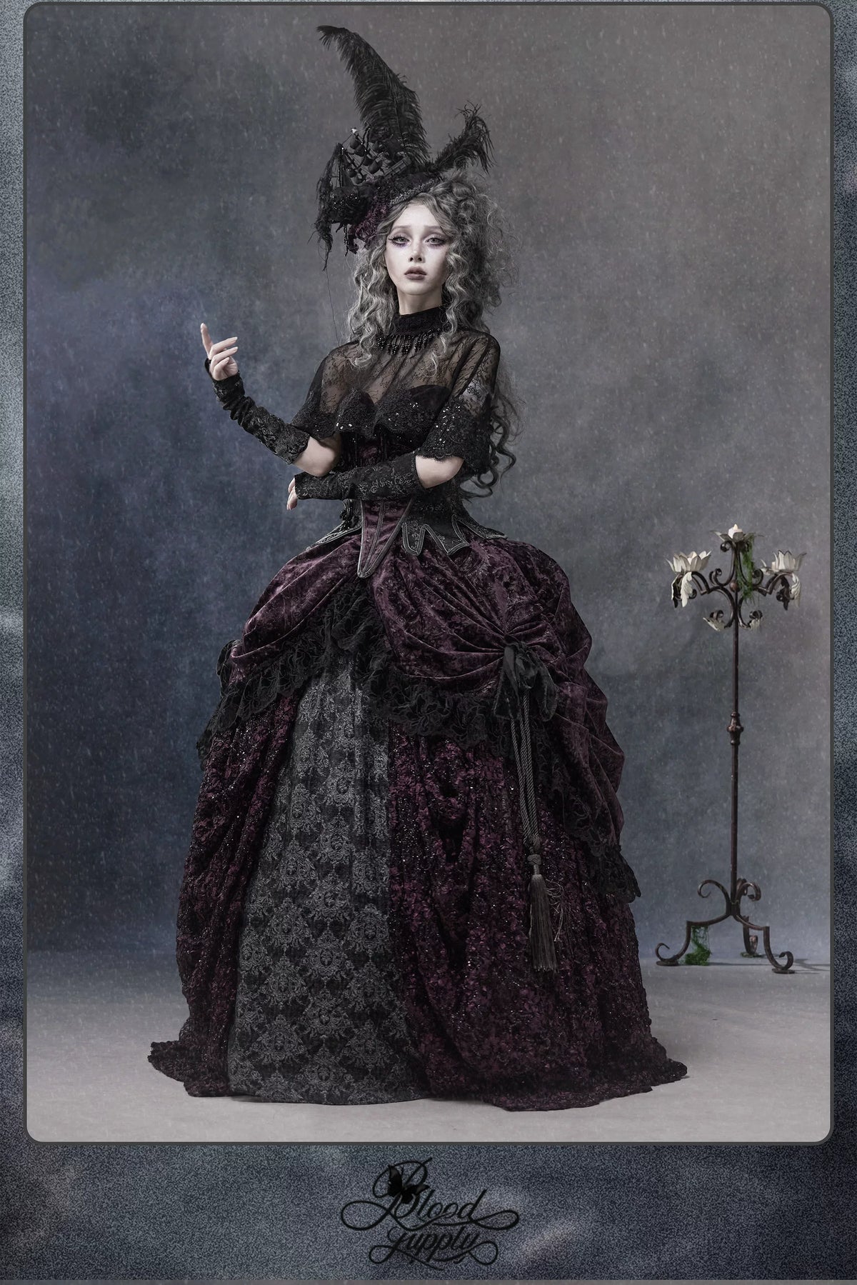 Undead's Gift - Halloween Gothic Lolita Draped Panel Skirt Set, 3D floral lace