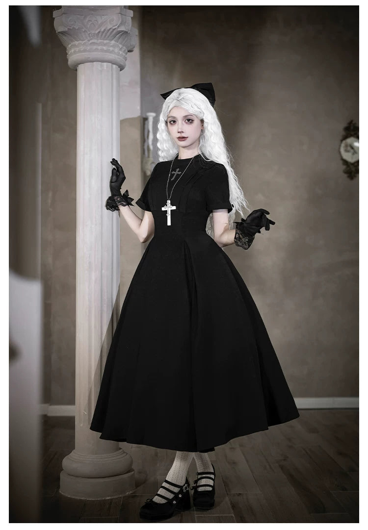 Nihil - Gothic Nun Lolita OP Dress, Irregular Hem Cape 44717:819700