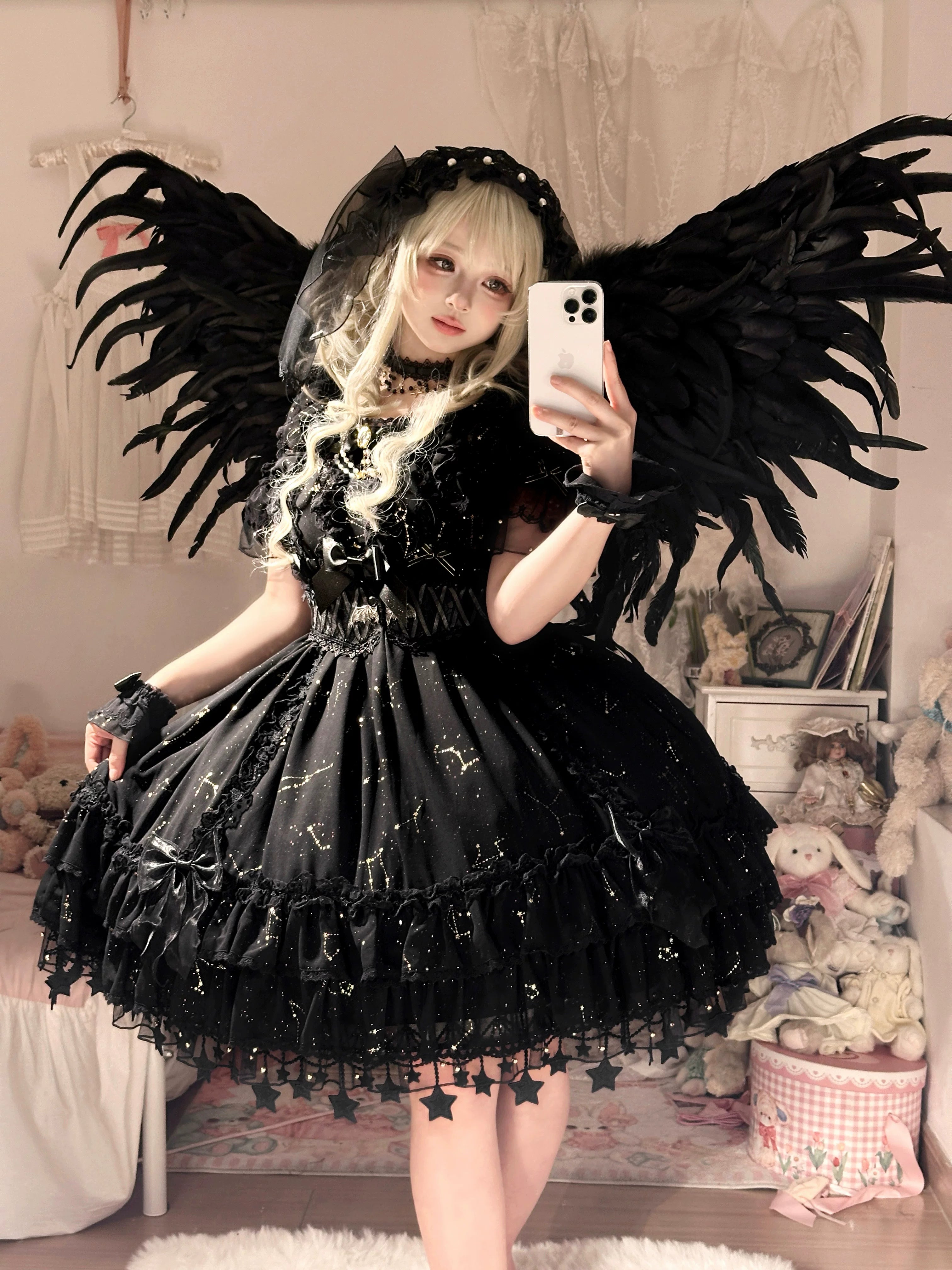 Whisper of Stars - Vintage Lolita Black OP Dress, Constellation-Themed 4556:818990