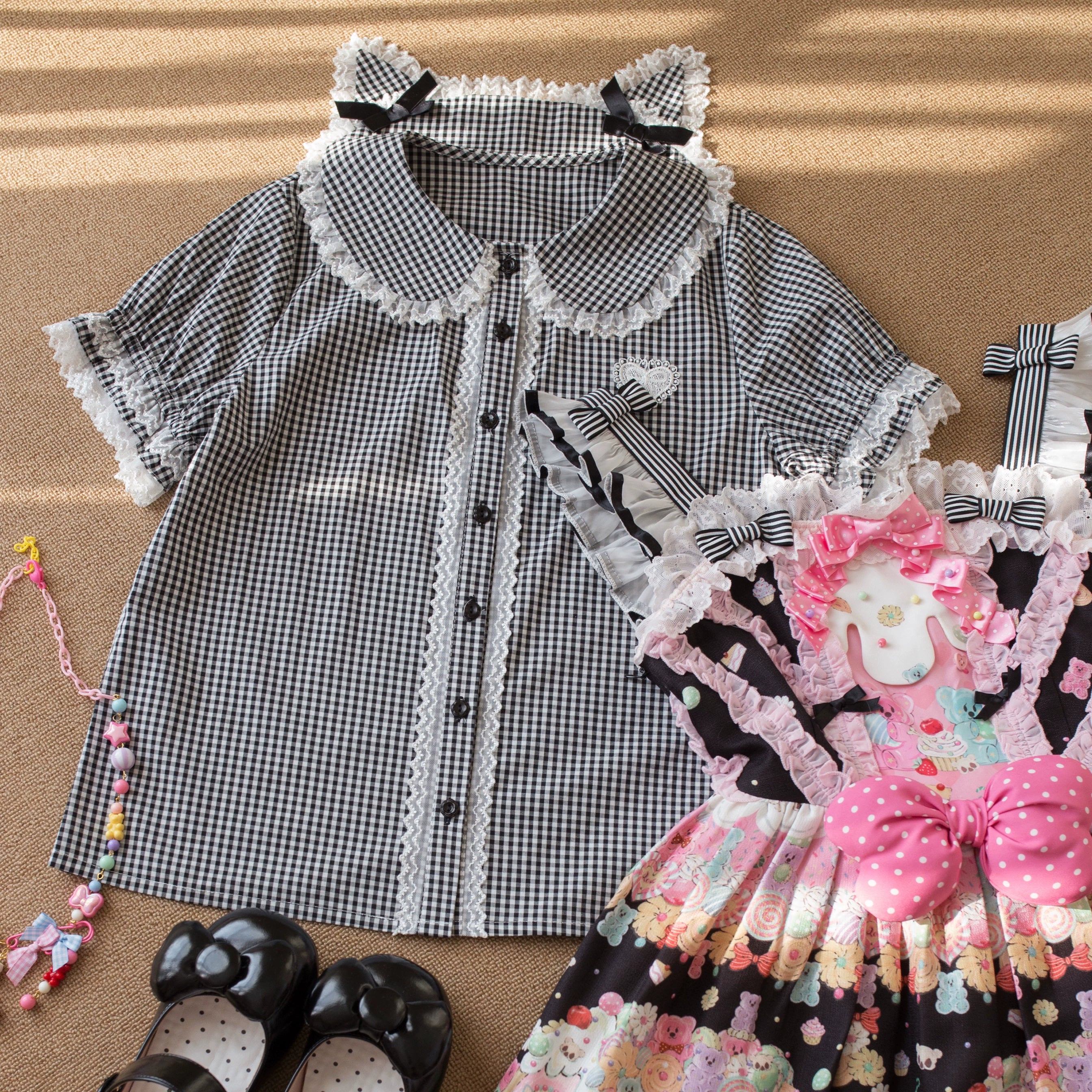 Kawaii Lolita Plaid Blouse With Cat Ear Peter Pan Collar Black Blouse Only S