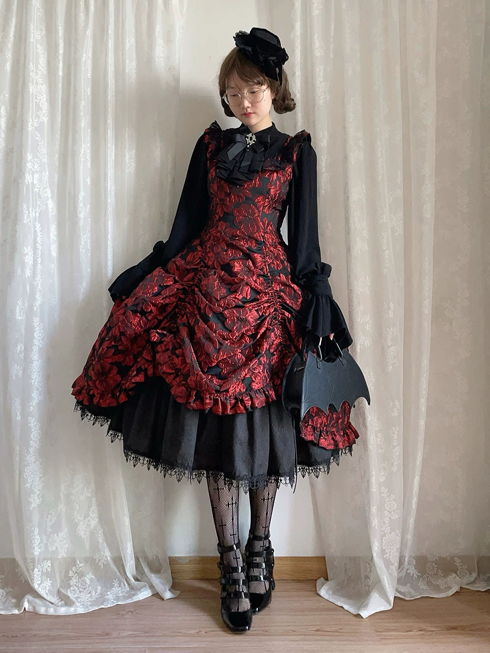 Midnight Lily - Gothic Lolita Lily Jacquard JSK Dress, Drawstring Lift-up Hem 45765:861821