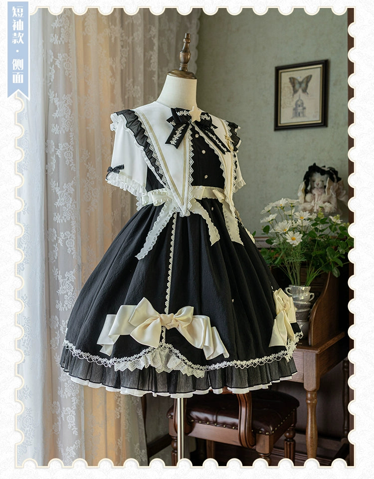 Forest Fluorescent Carps - Sleep Star - Sweet Lolita OP Dress, Long / Short Sleeve Black Short-Sleeved Dress S