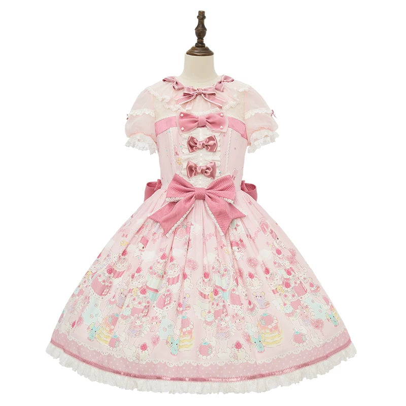 IP Collaboration Sweet Lolita Dress, Gorgeous OP & Slim JSK Pink - Printed OP XS