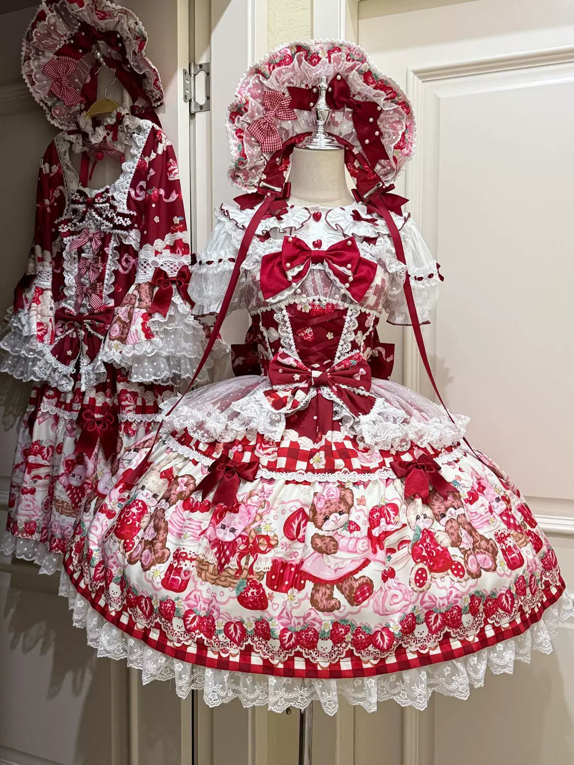 SweetBerry Bunny Bear - Sweet Lolita Tiered Lace JSK Dress, Strawberry and Bear Print Red - JSK Only S