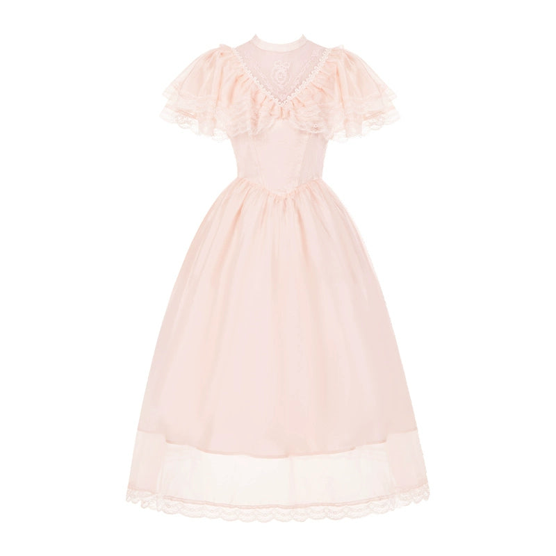 With PUJI - Morning Mist Estate - Twins Classic Lolita OP Dress, Edward Collar Pink - V-neck OP Only - Pre Order S