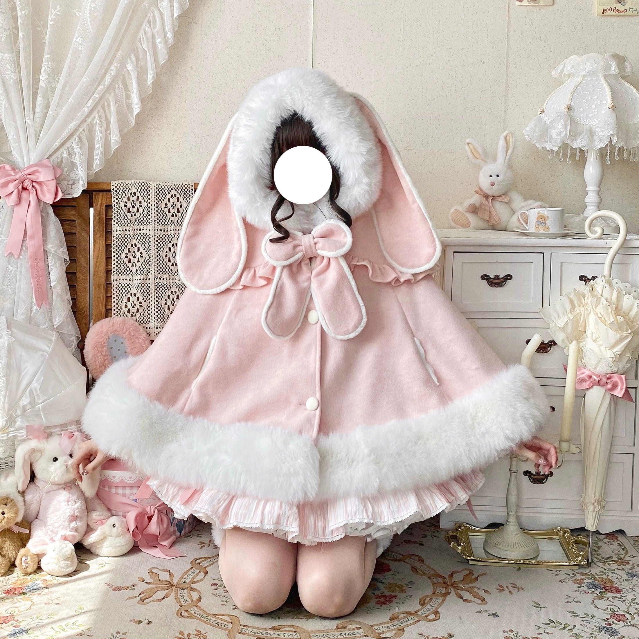Qianmu - Lop Bunny - Kawaii Lolita Plush Hooded Cape Pink One Size